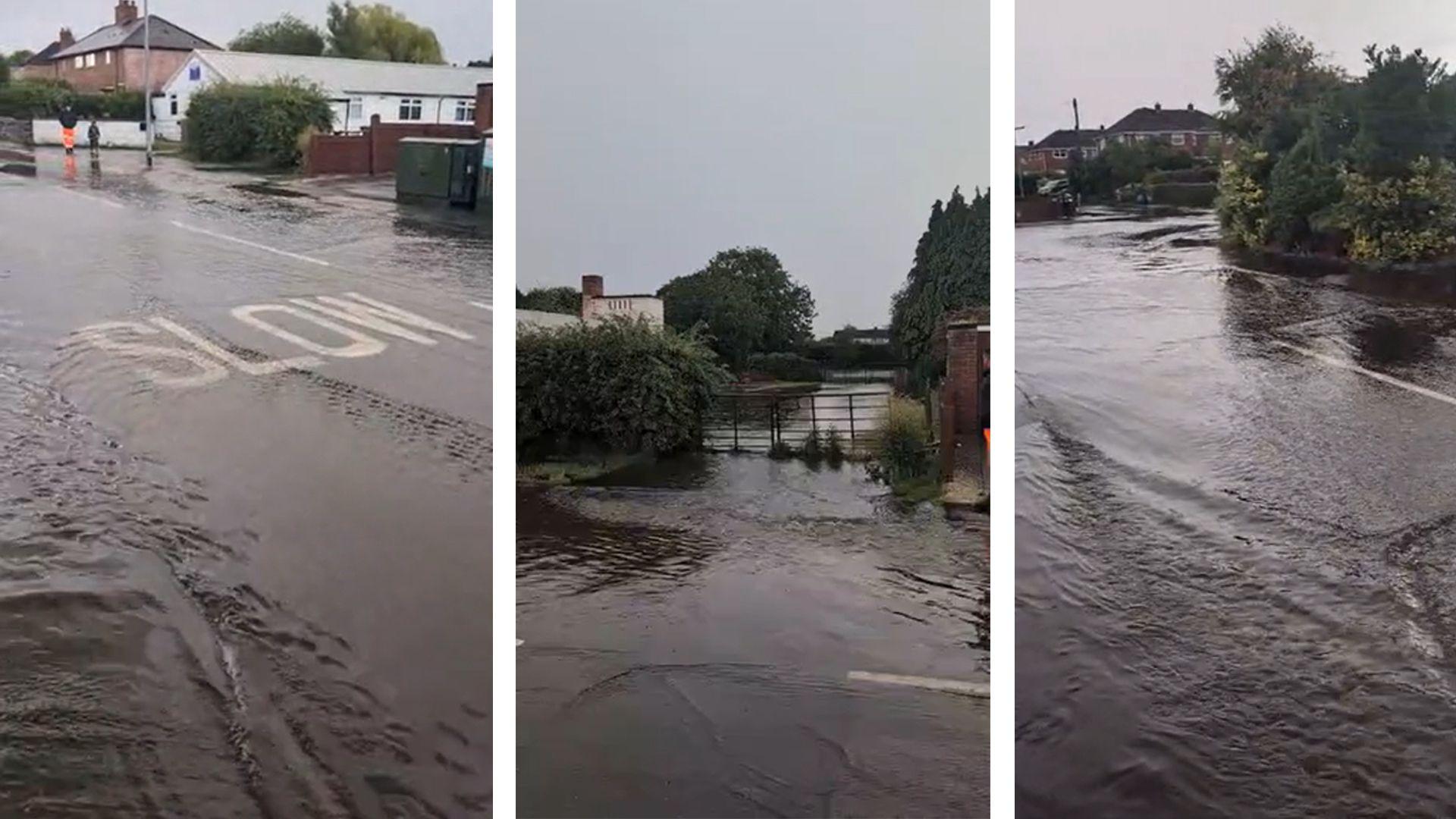 A composite of three vertical images showing flooded residential streets. In each, the water is a few inches deep, and appears to be flowing along the streets.