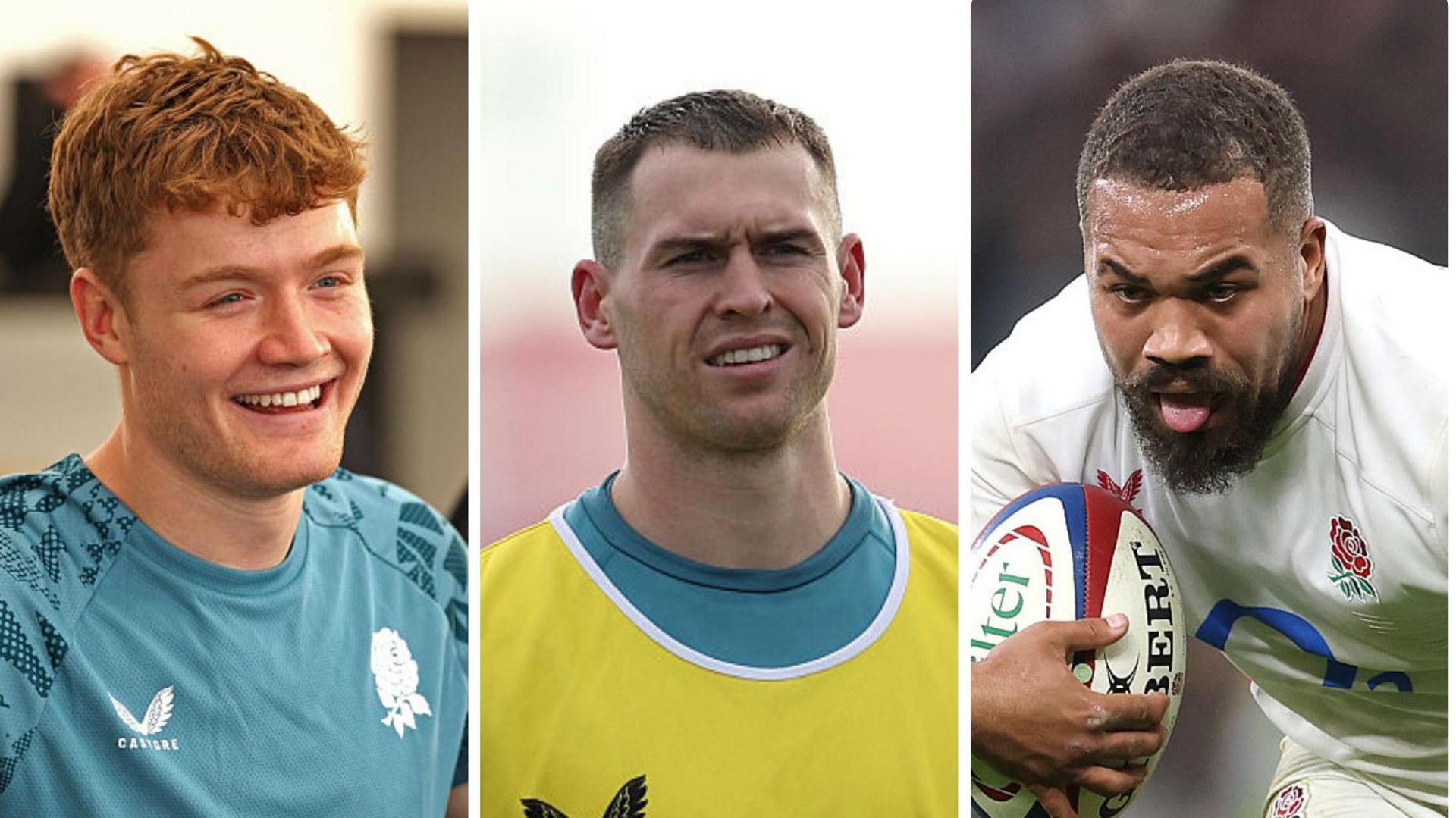 A collage picture of England wing Tom Roebuck, fly-half Fin Smith and centre Ollie Lawrence 