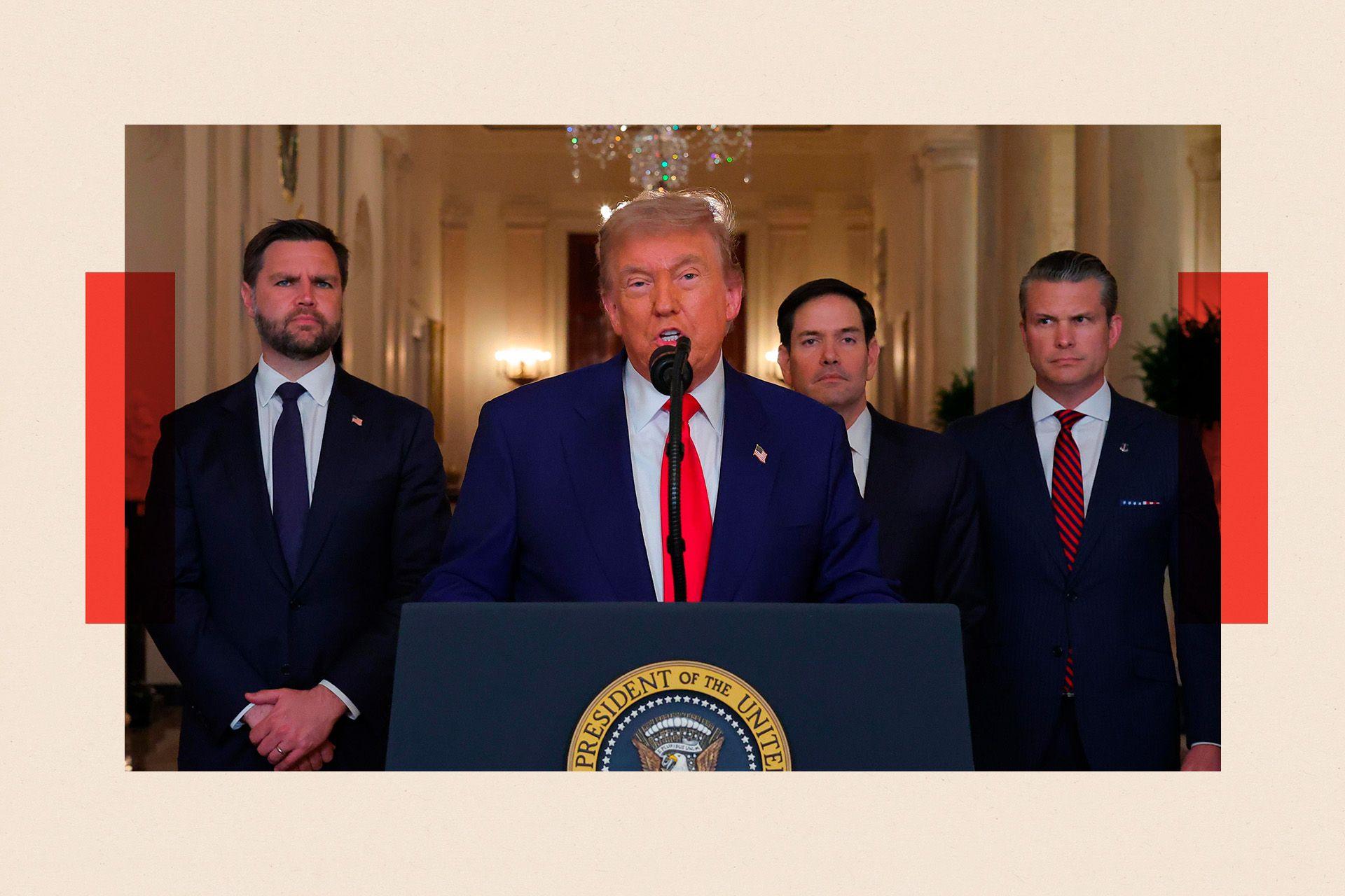 Trump speaking at a microphone, surrounded by Marco Rubio, JD Vance and Pete Hegseth