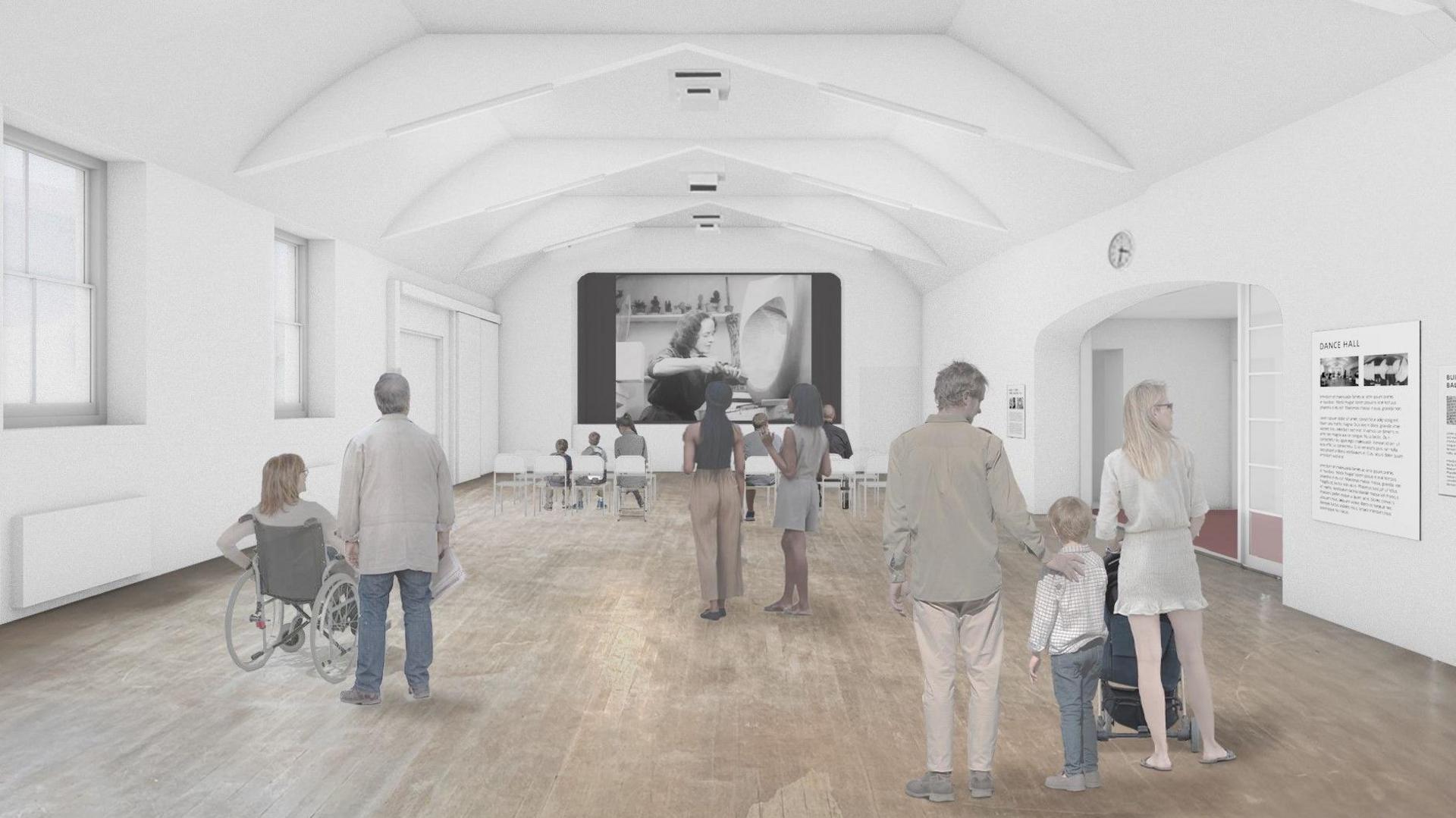 An architect's drawing of the restored dance hall of the Palais de Danse which shows a group of visitors watching a black and white film of Barbara Hepworth