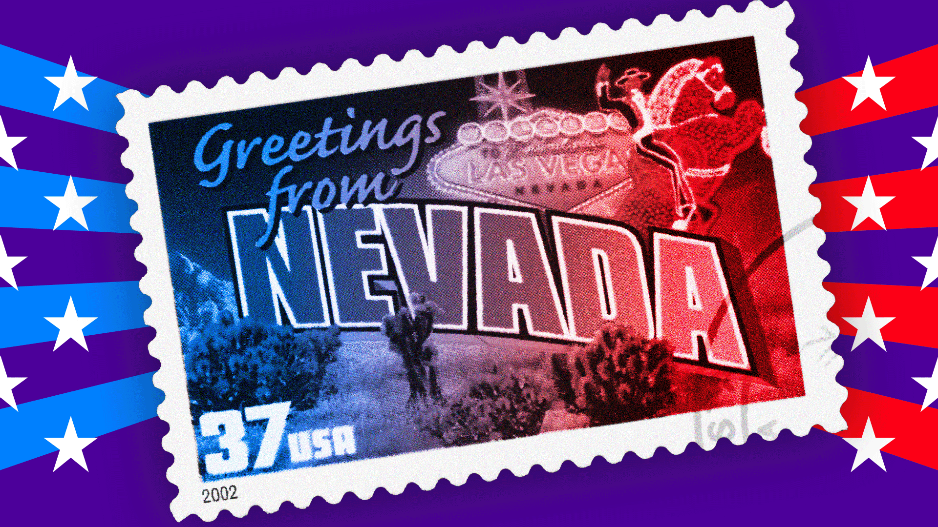 An image of a blue and red-tinted Nevada postage stamp over a purple background with white stars and blue and red stripes. The stamp features a neon Las Vegas sign and a desert landscape with an inscription that reads 'Greetings from Nevada'