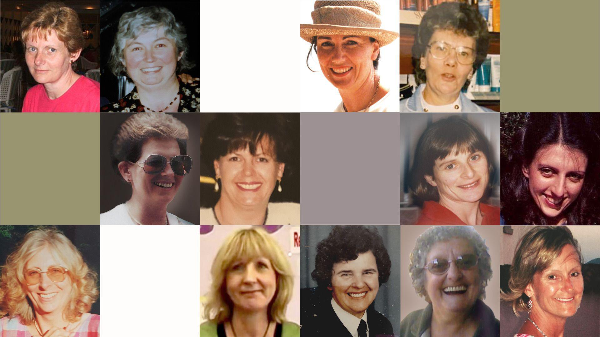 A collage containing images of 13 women, pictured on a grid which has some blank spaces. The women are of a variety of different ages - some are young, others are older and have grey hair.