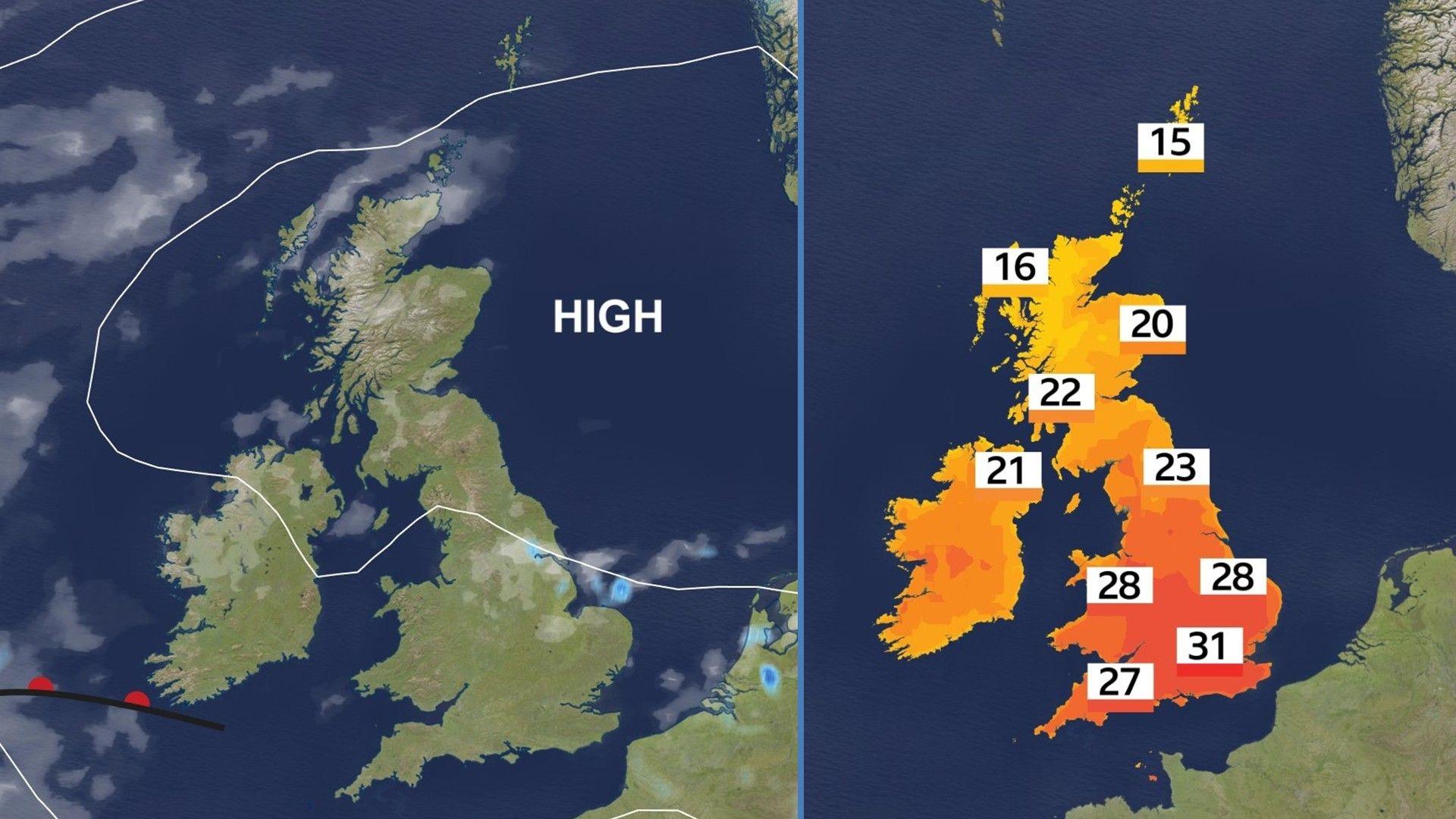 Two maps of UK. On left, pressure map shows high pressure to the east. On left, temperature map shows 15 to 23 Celsius in the north, and 27 to 31 Celsius in the south.