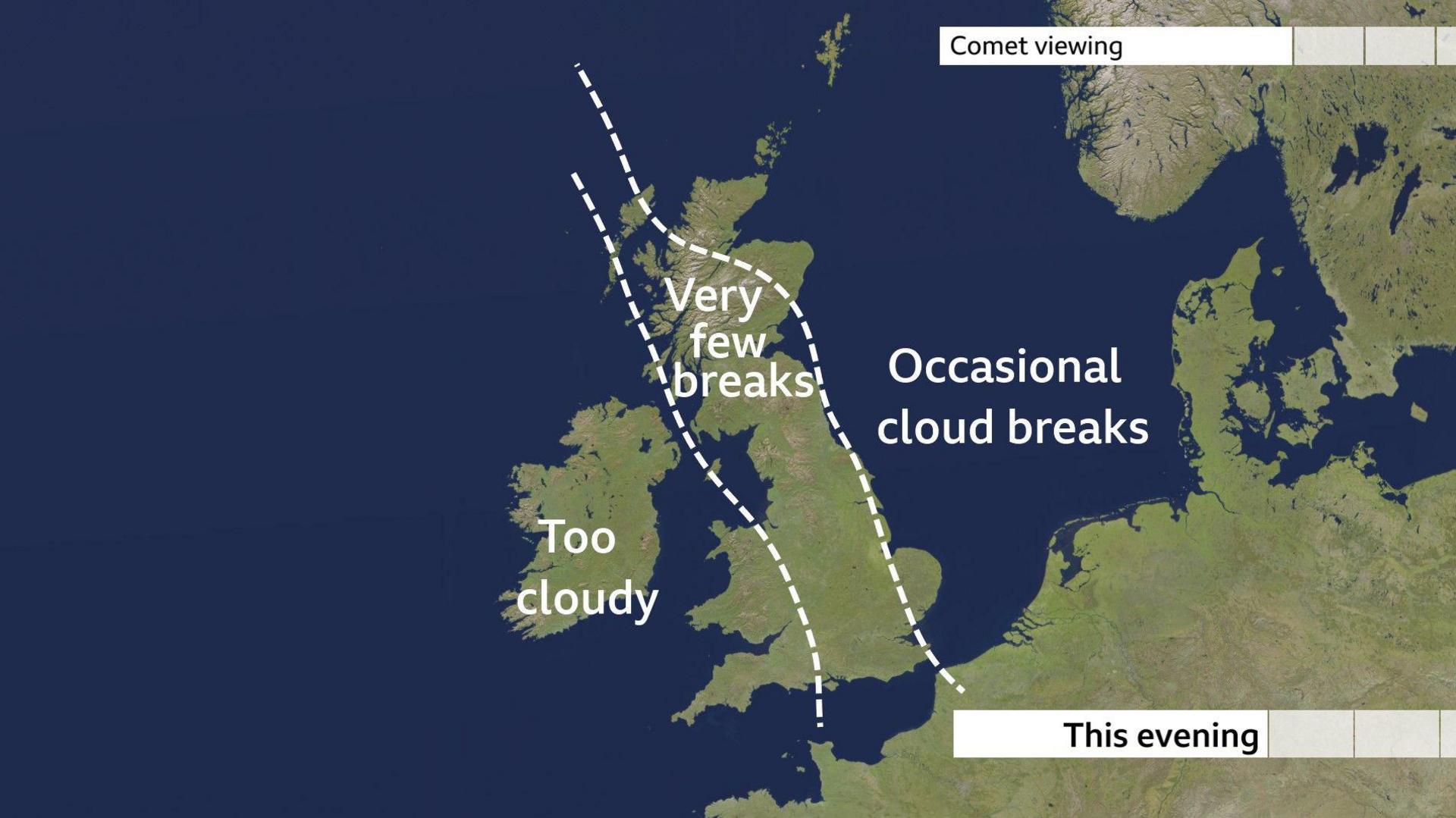 Weather forecast for this evening across the UK: Too cloudy in western areas, very few breaks in the cloud for central parts and occasional cloud breaks in the far east of the UK