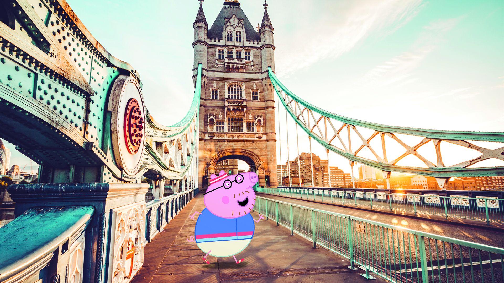 Daddy Pig wears a running vest, shorts and trainers, He is smiling as he runs over Tower Bridge in London. He's wearing a running bib with the number 5047 on it
