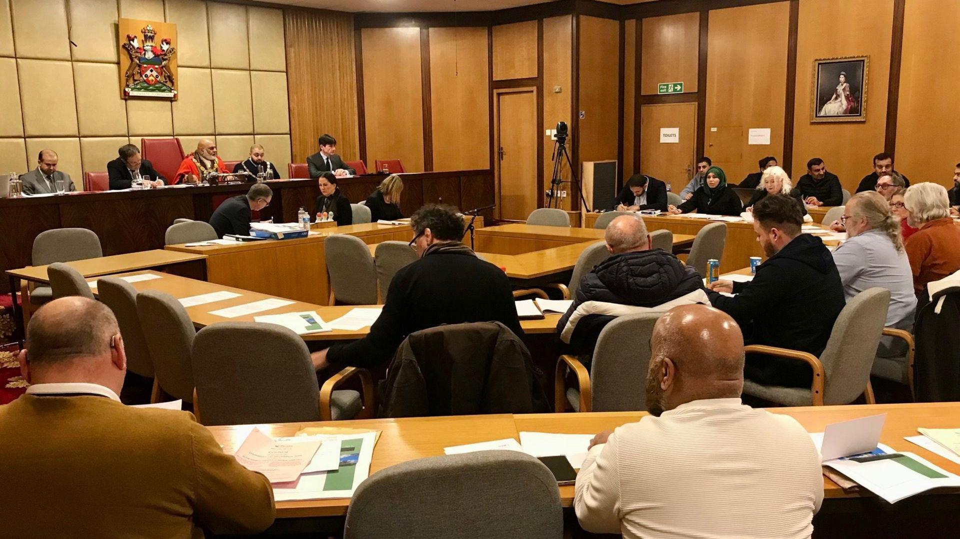 Full Pendle Council meeting inside the chamber at Nelson town hall.