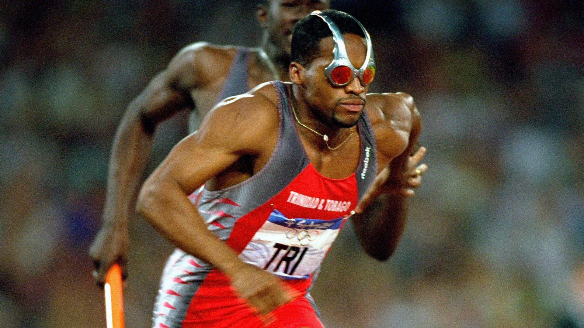 Ato Boldon of Trinidad and Tobago wears unique sunglasses during the Sydney 2000 Olympics men's 4x100m relay