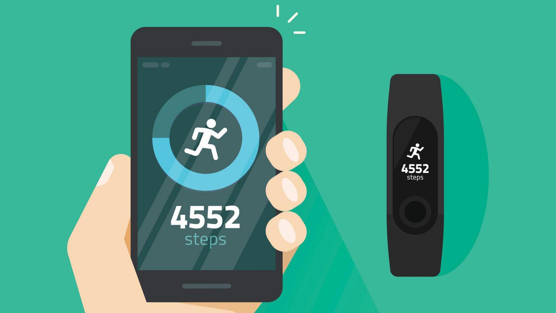a graphic of someone looking at their step count on a phone next to a wrist watch pedometer