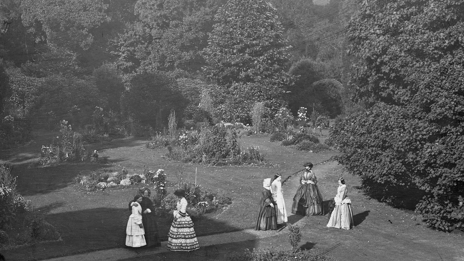 Hen lun du a gwyn o ferched ariannog mewn gerddi