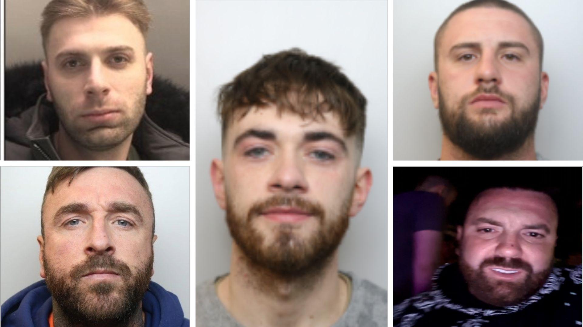 Police mugshots of five men. Konrad Kupczyk (top left);  Jack Miller (centre); Owen Lloyd (top right); Stephen Lloyd (bottom left); John Collins (bottom right).