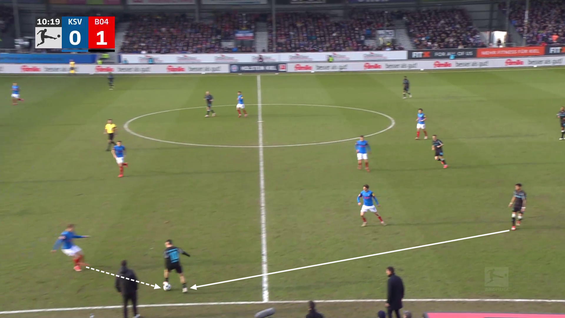 A screengrab showing Florian Wirtz receiving the ball with distance from his marker on the left wing, last season. 