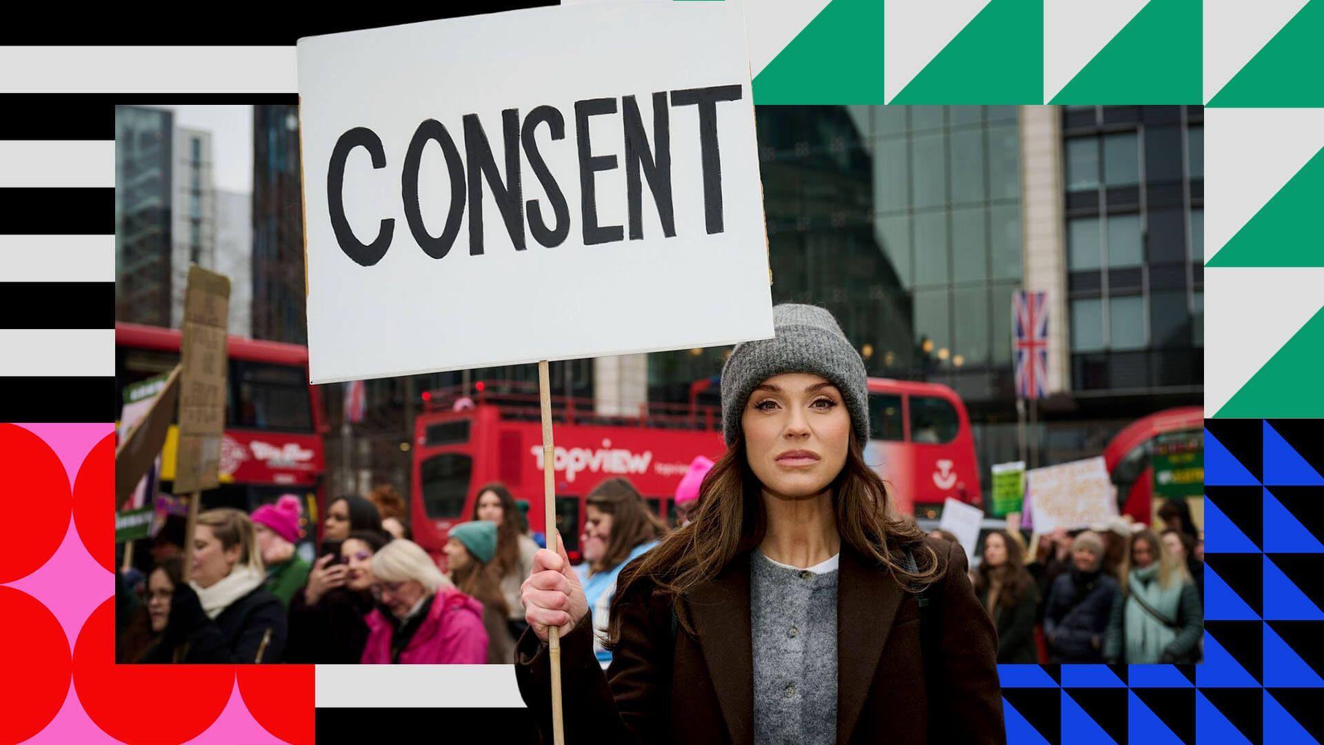 A picture of Vicky Pattison holding a "consent" placard