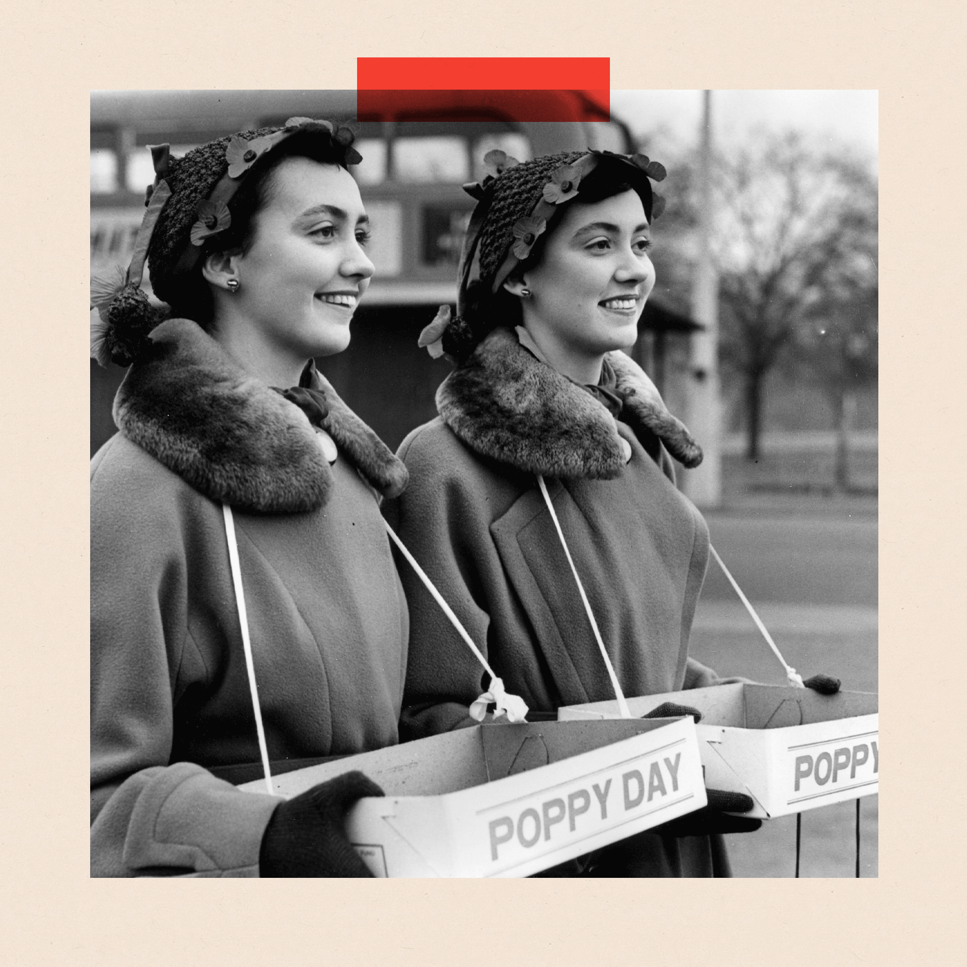 Twin sisters selling Remembrance Day poppies in the 1950s