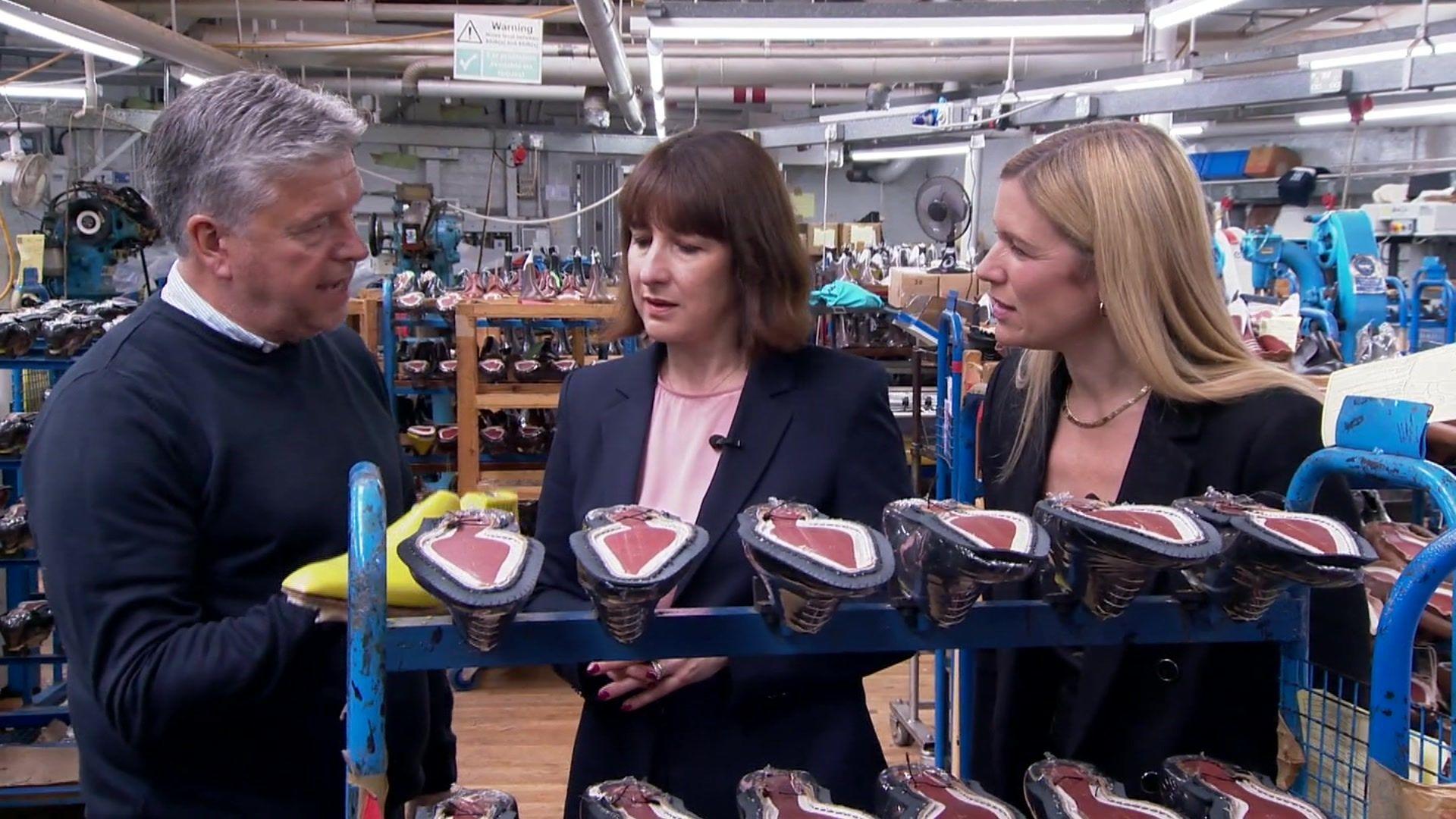 Rachel Reeves and Ellie Reeves at a Desborough shoe factory