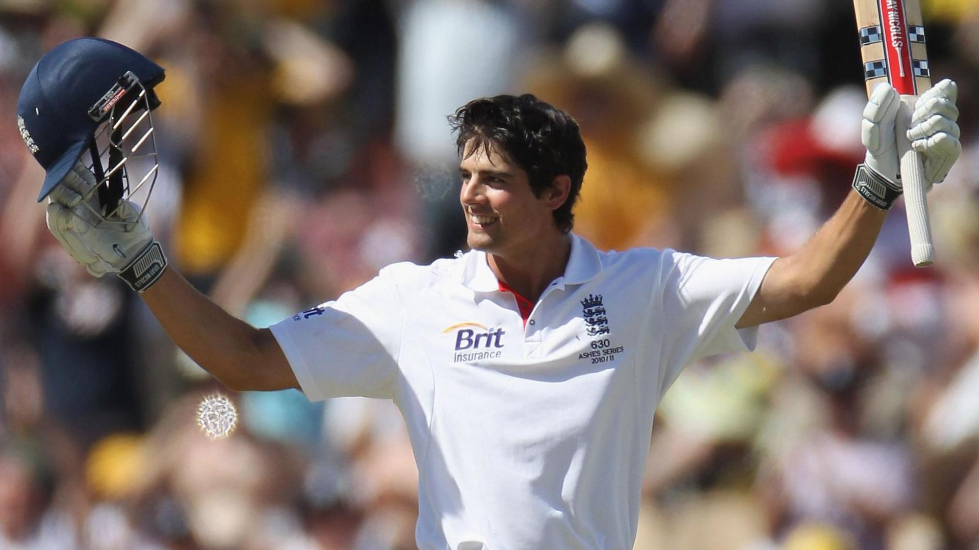 England's Alastair Cook celebrates a century during the 2010-11 Ashes tour of Australia