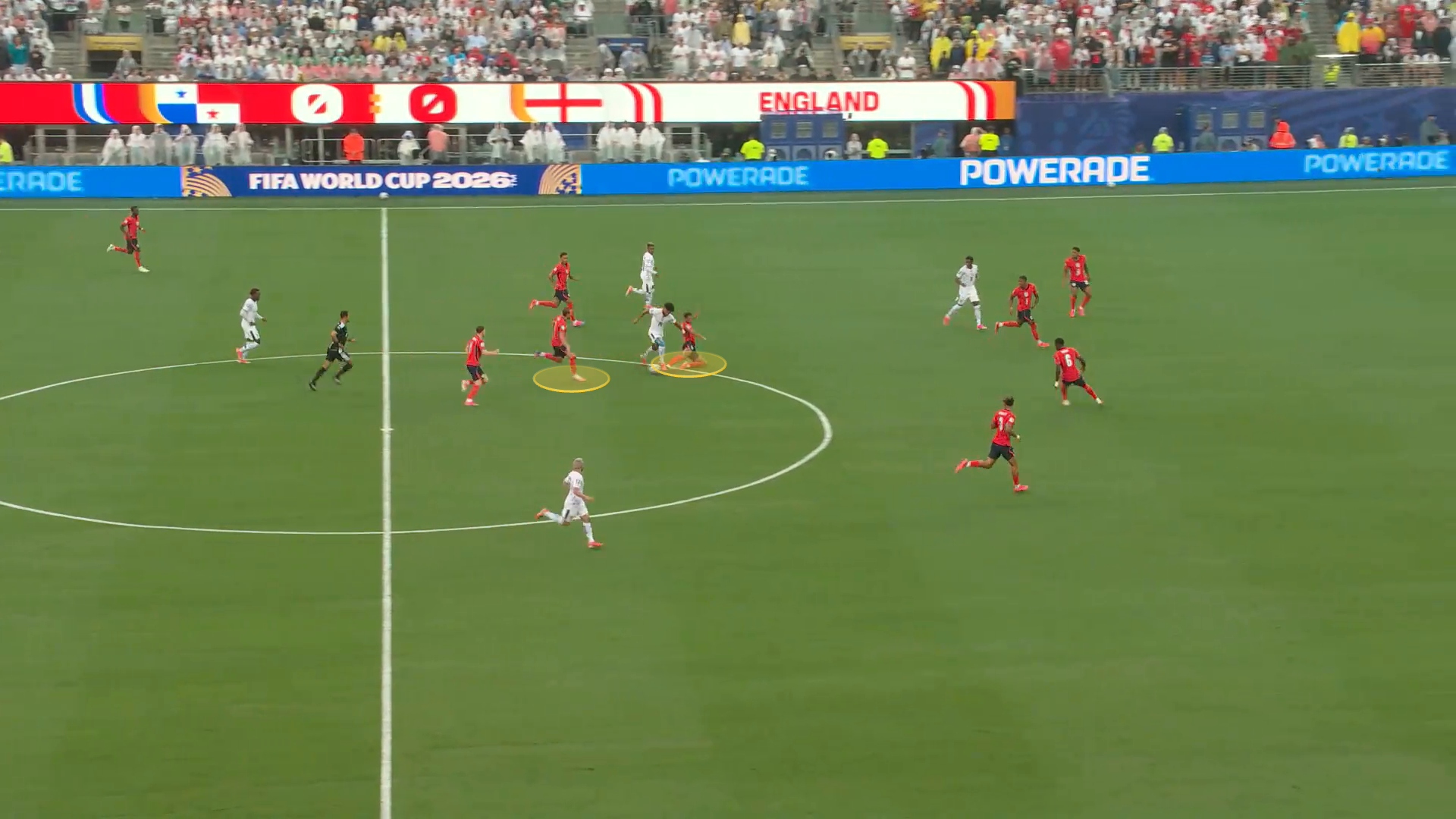 A screen grab from England vs Panama. This shows Bellingham and Kane (with yellow circles around them) tracking back.
