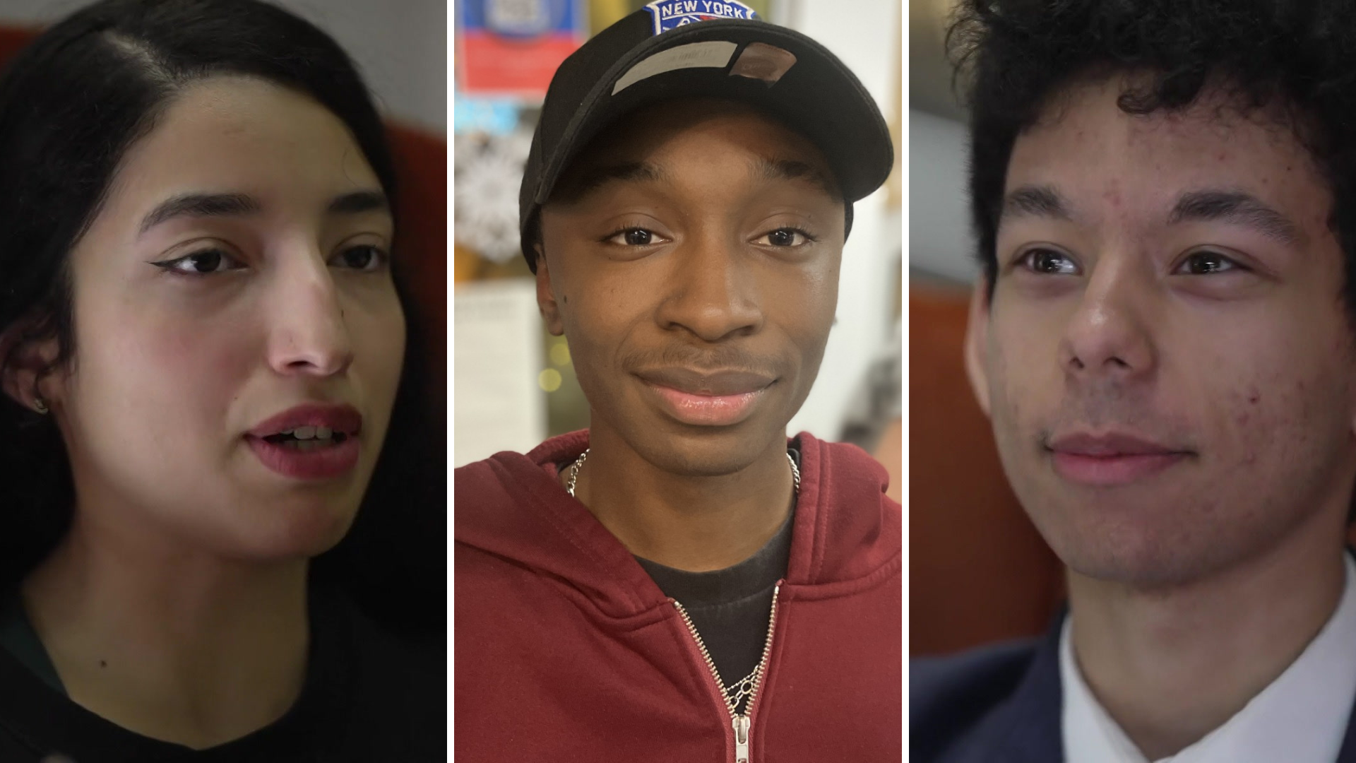 A composite of three photos of young people. All three are looking into the camera. One is a young woman with long black hair, another is a young man in a hoodie and cap and the third is a young man in a blue suit and blue patterned tie.