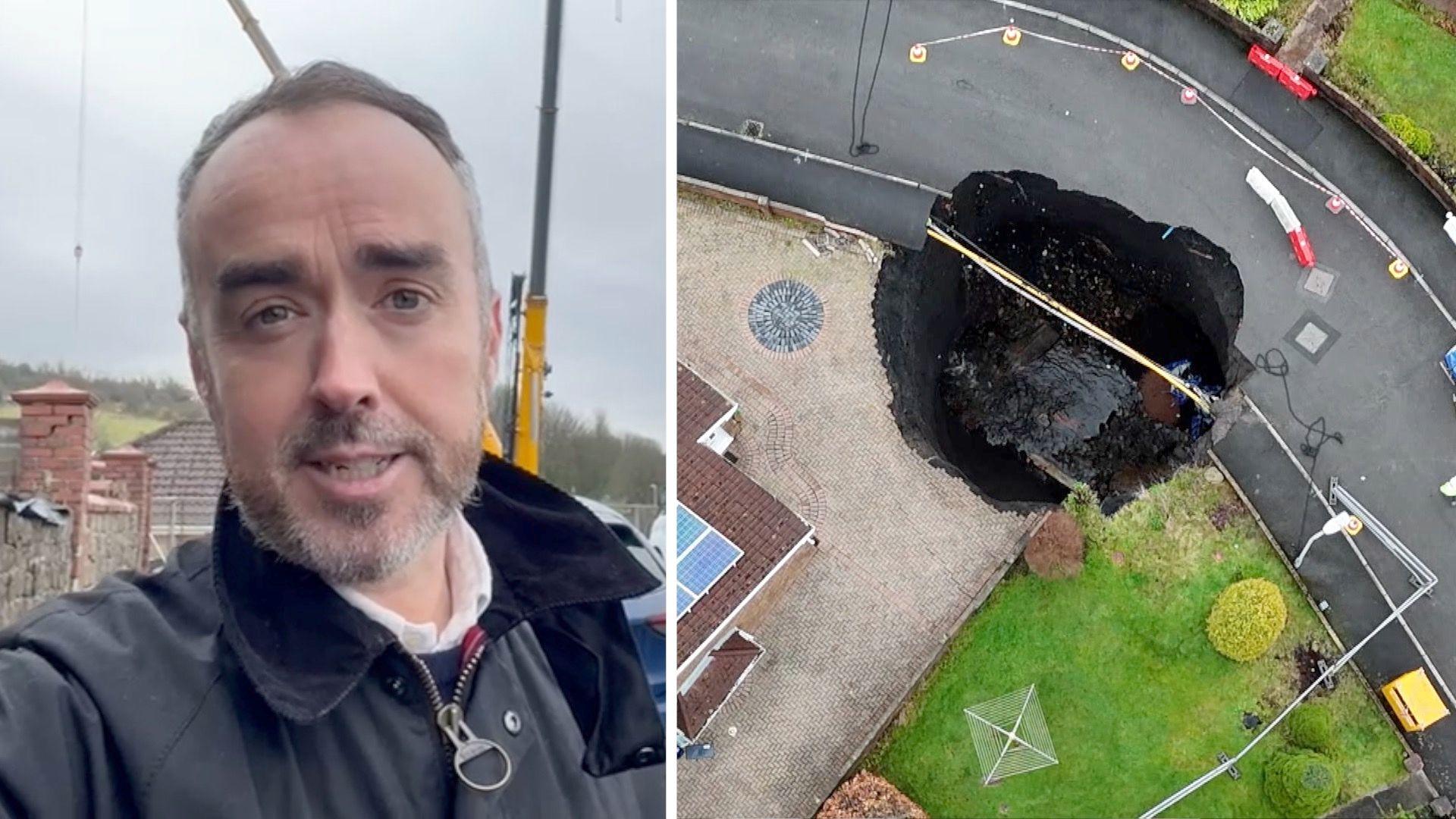 A split image. On the left Matt Murray stands in front of some cranes. On the right an aerial view of a sinkhole 