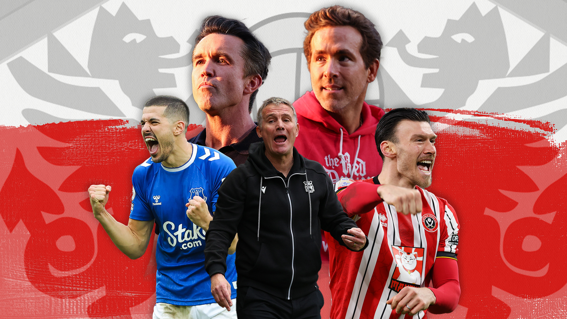 A montage of Wrexham personalities - left to right Conor Coady, Rob McElhenney, Phil Parkinson, Ryan Reynolds & Kieffer Moore