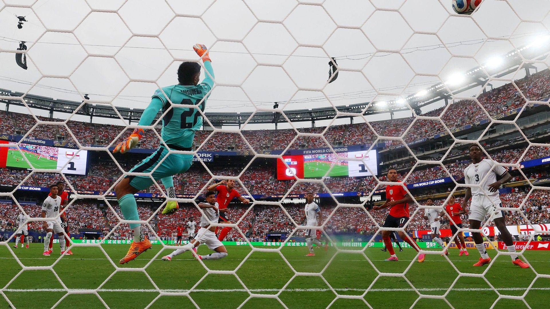 Picture taken from behind the goal as England score against Panama in the 2026 Fifa World Cup.