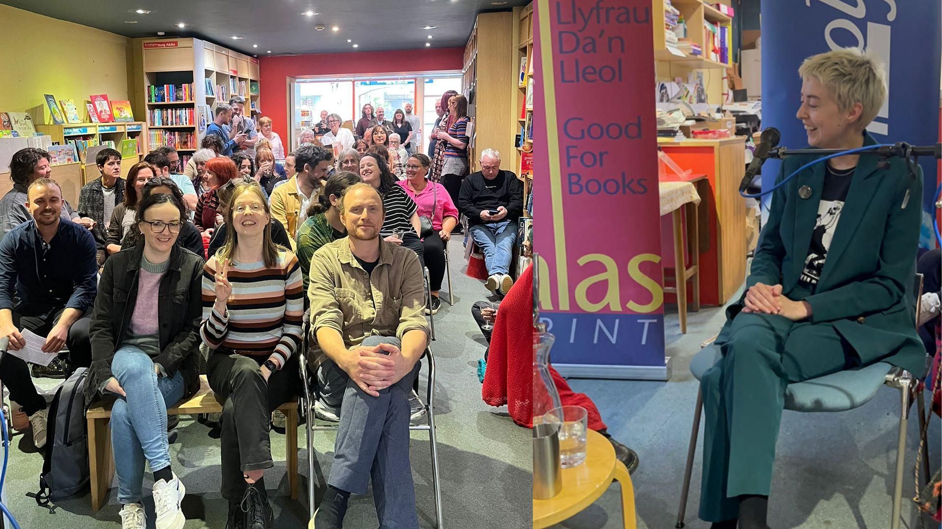Cynulleidfa yn gwrando ar Kayley Roberts yn lansio ei llyfr