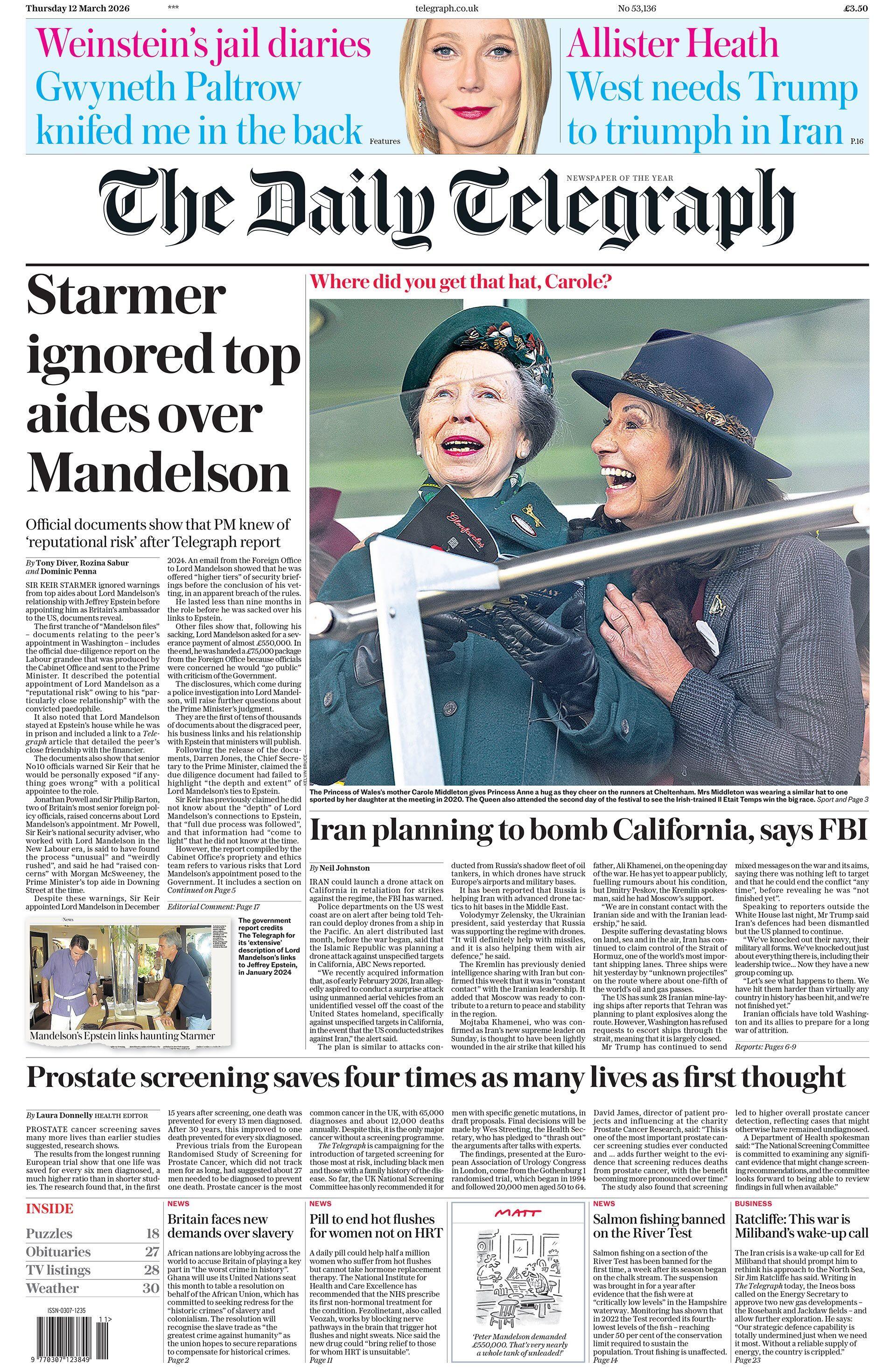 “Starmer injoroi ndihmësit kryesorë në vend të Mandelsonit”, shkruhet në titullin kryesor në faqen e parë të Daily Telegraph.