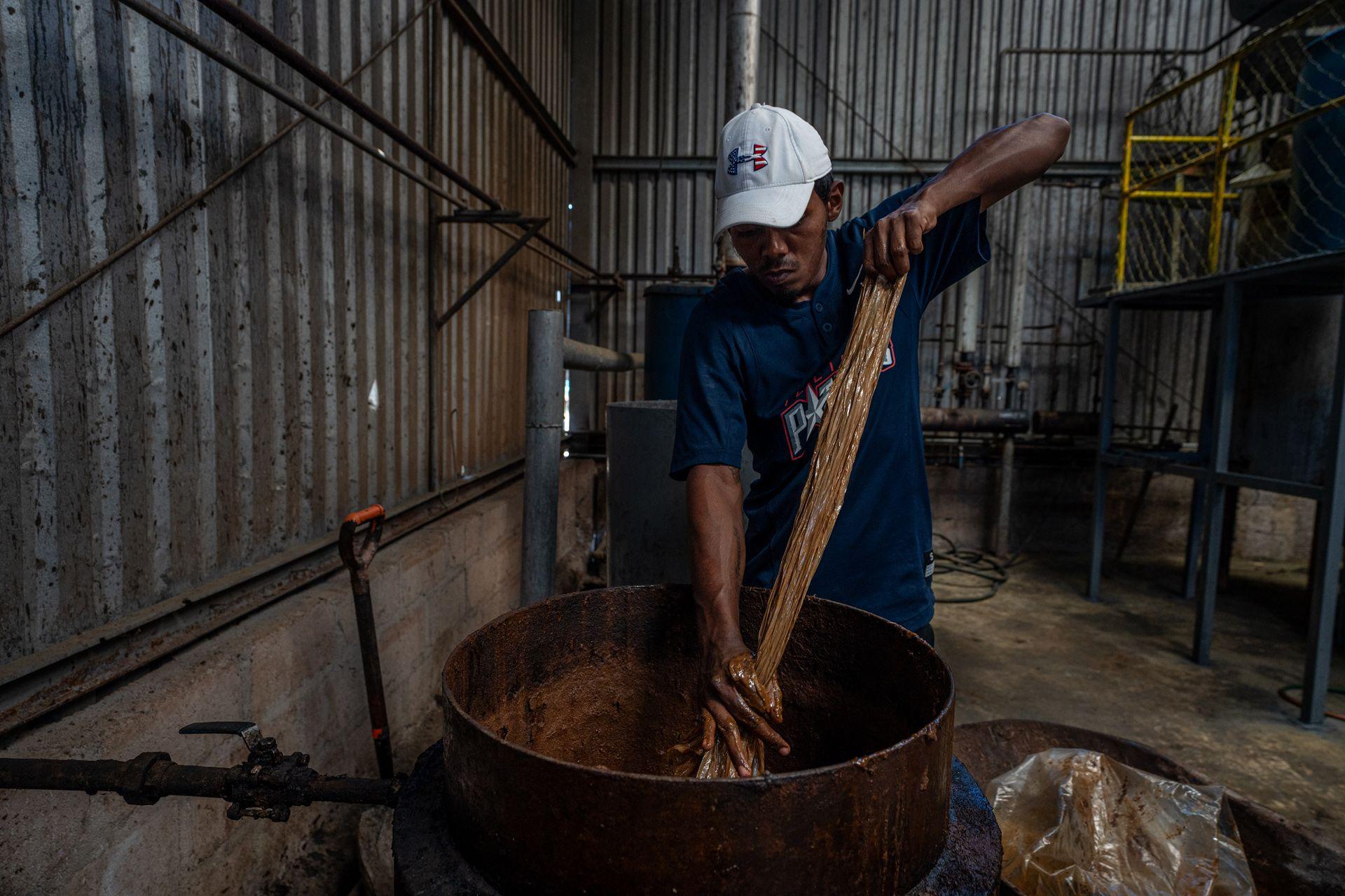 A worker is feeding raw beef tallow into a processing machine. The tallow, or suet, would otherwise be discarded from slaughter houses and butchers, but here it is processed, filter and refined