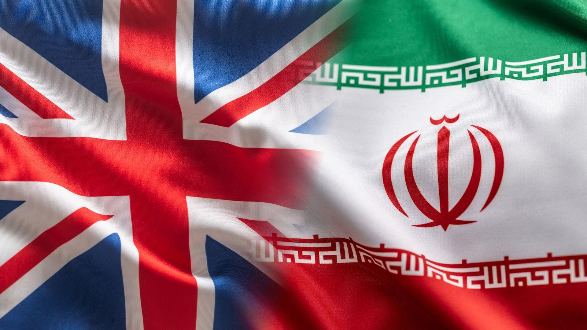 A flag of the UK and a flag of Iran