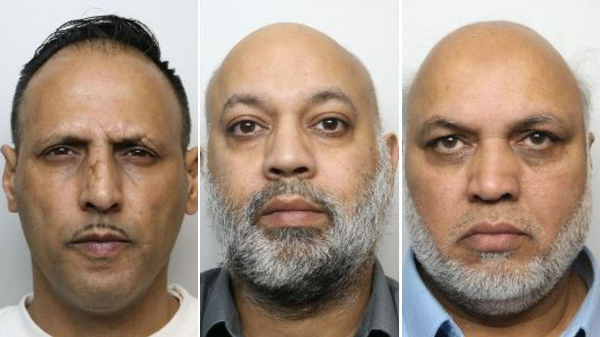 Police mugshots of Ibrar Hussain, Fayaz Ahmed and Imtiaz Ahmed. Fayz and Imtiaz Ahmed are bald with grey beards. Ibrar Hussain has short black hair and a pencil moustache.