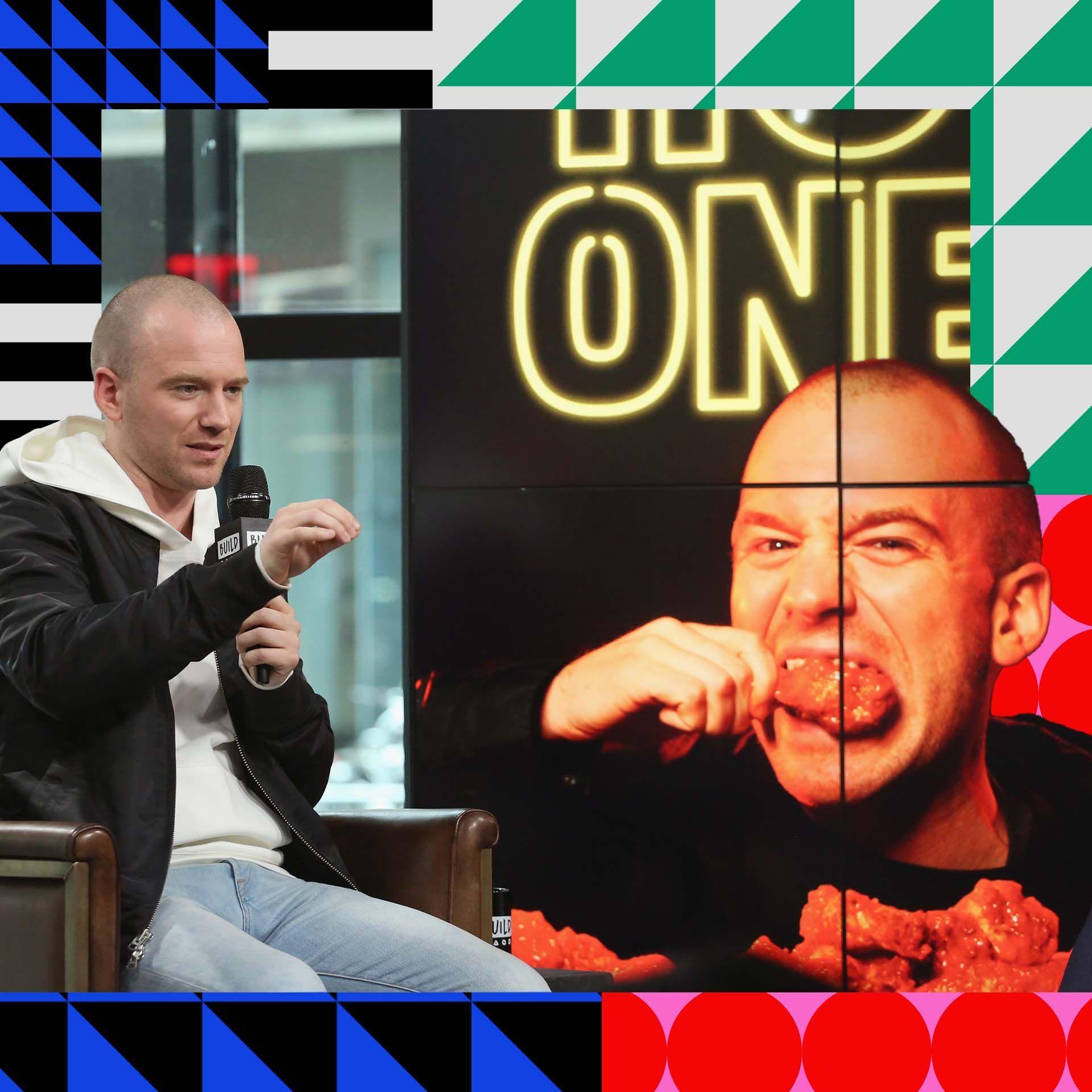 A picture of Sean Evans on stage, alongside a Hot Ones picture