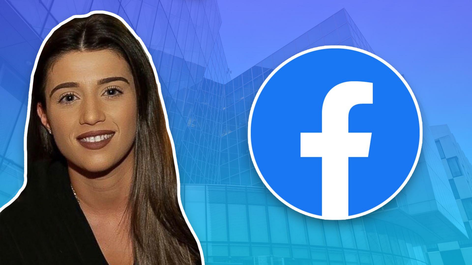 Isabella Plunkett with a Facebook logo in front of Dublin HQ