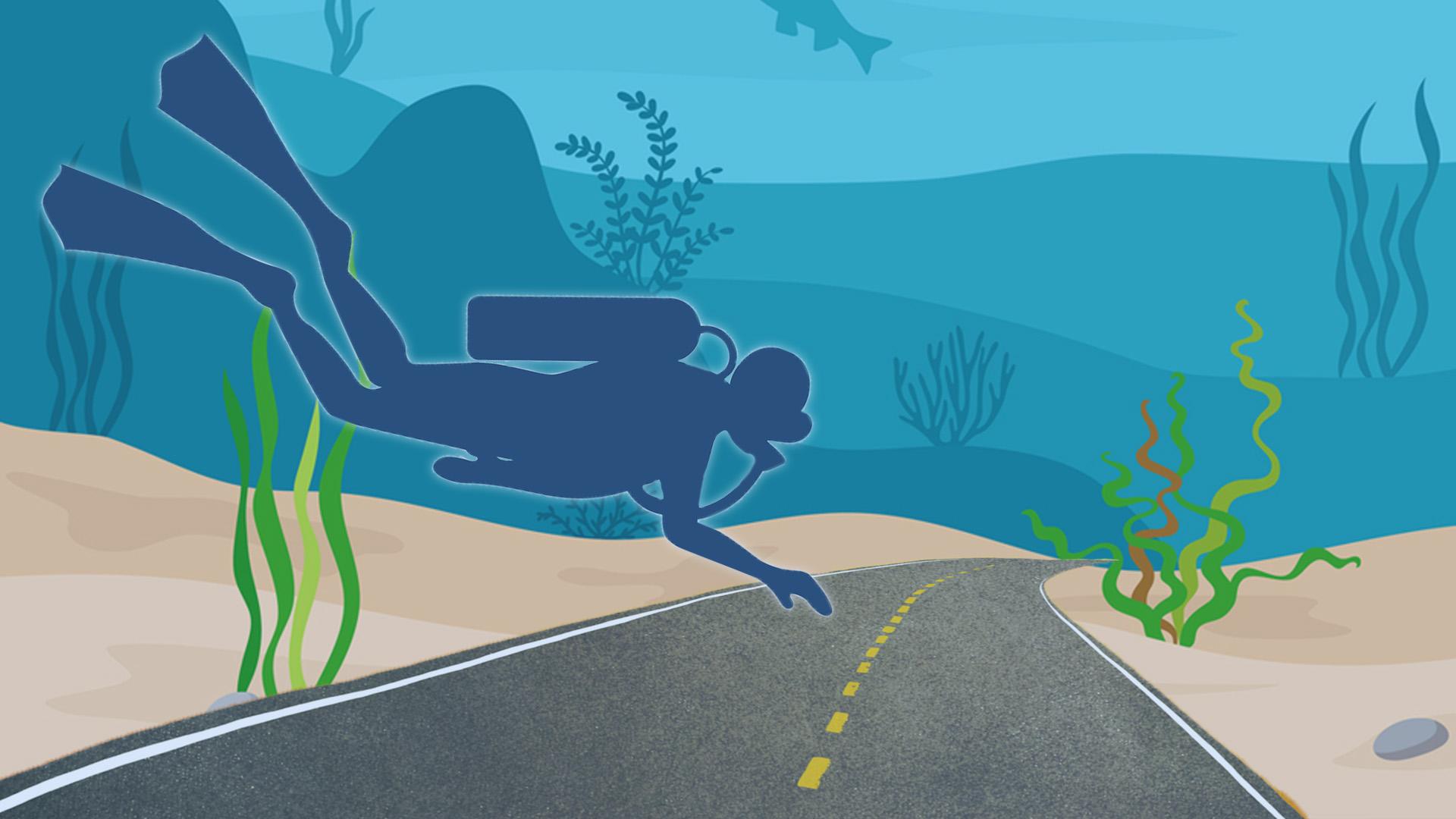 Cartoon of a road underwater