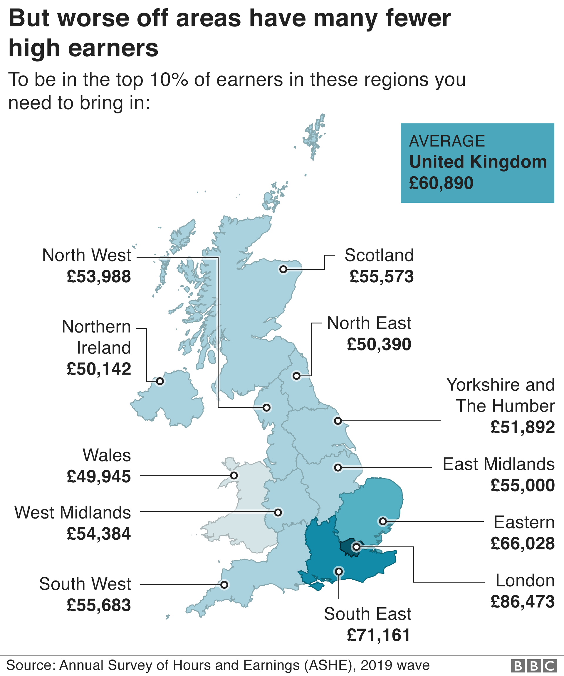 Map of high earnings in UK regions