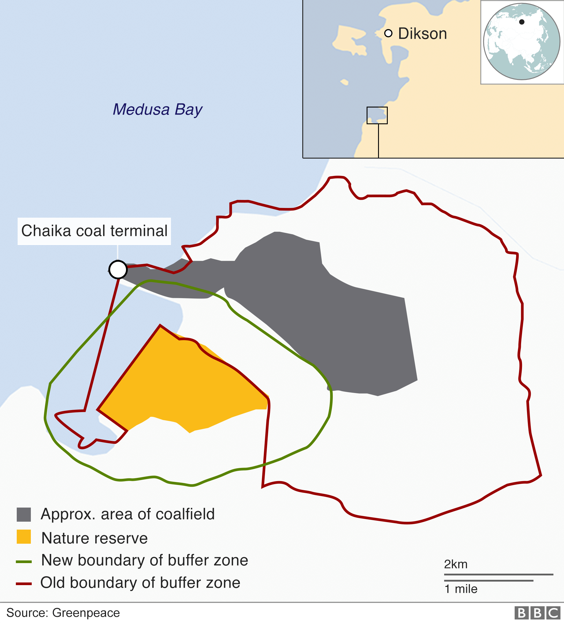 Map showing Medusa Bay coalfield and nature reserve, courtesy of Greenpeace