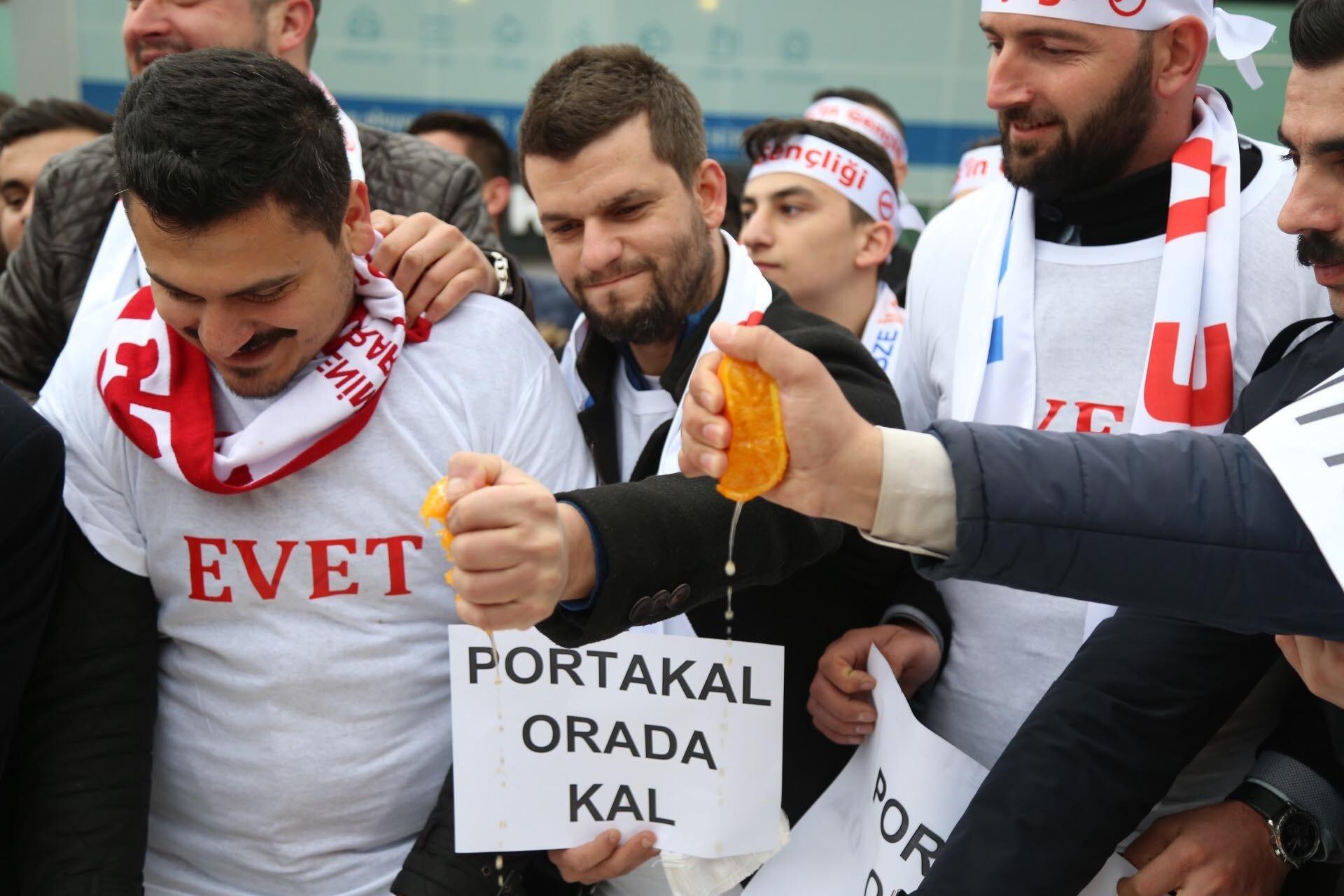 Youth wing protestors of the ruling Justice and Development Party (AK Parti) protested against the Netherlands by squeezing oranges and drinking the juice in the north-western province of Koaceli on March 12