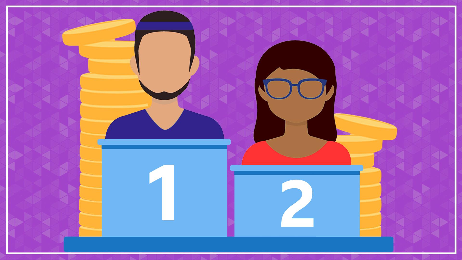 A graphic showing a man 1st on a podium with a stack of coins behind and a woman second with a smaller stack of coins