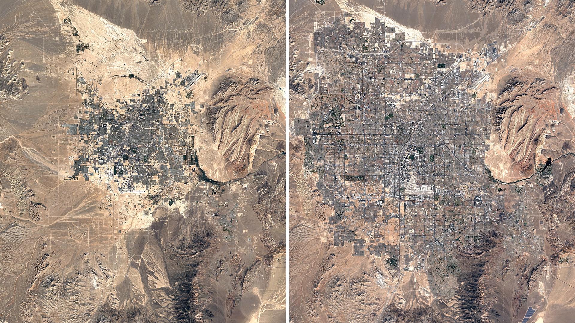 Two versions of Las Vegas side-by-side - one from 1984, one from 2020 - the latter has approximately doubled in size