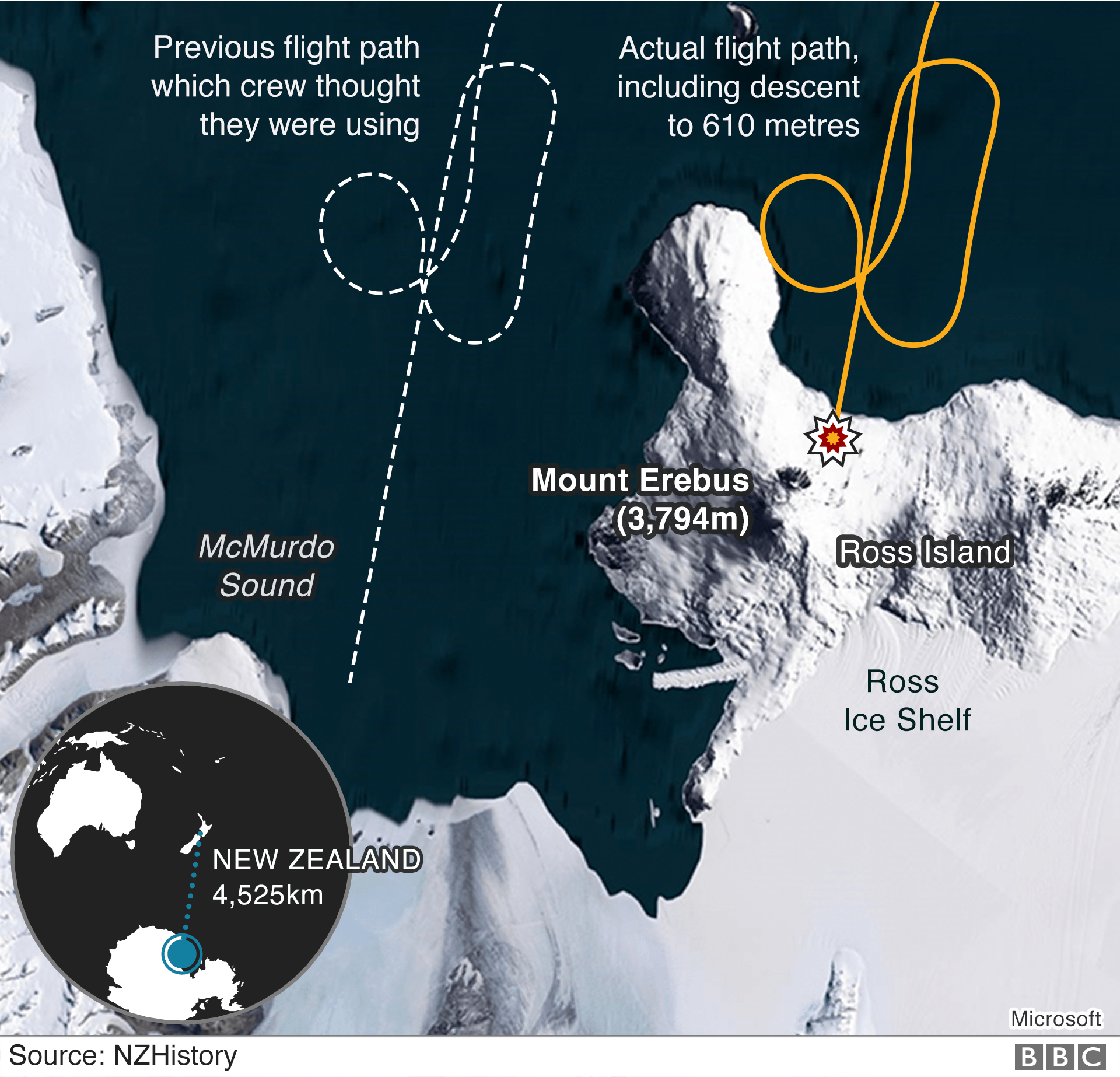 Map of the two flight paths and the crash site