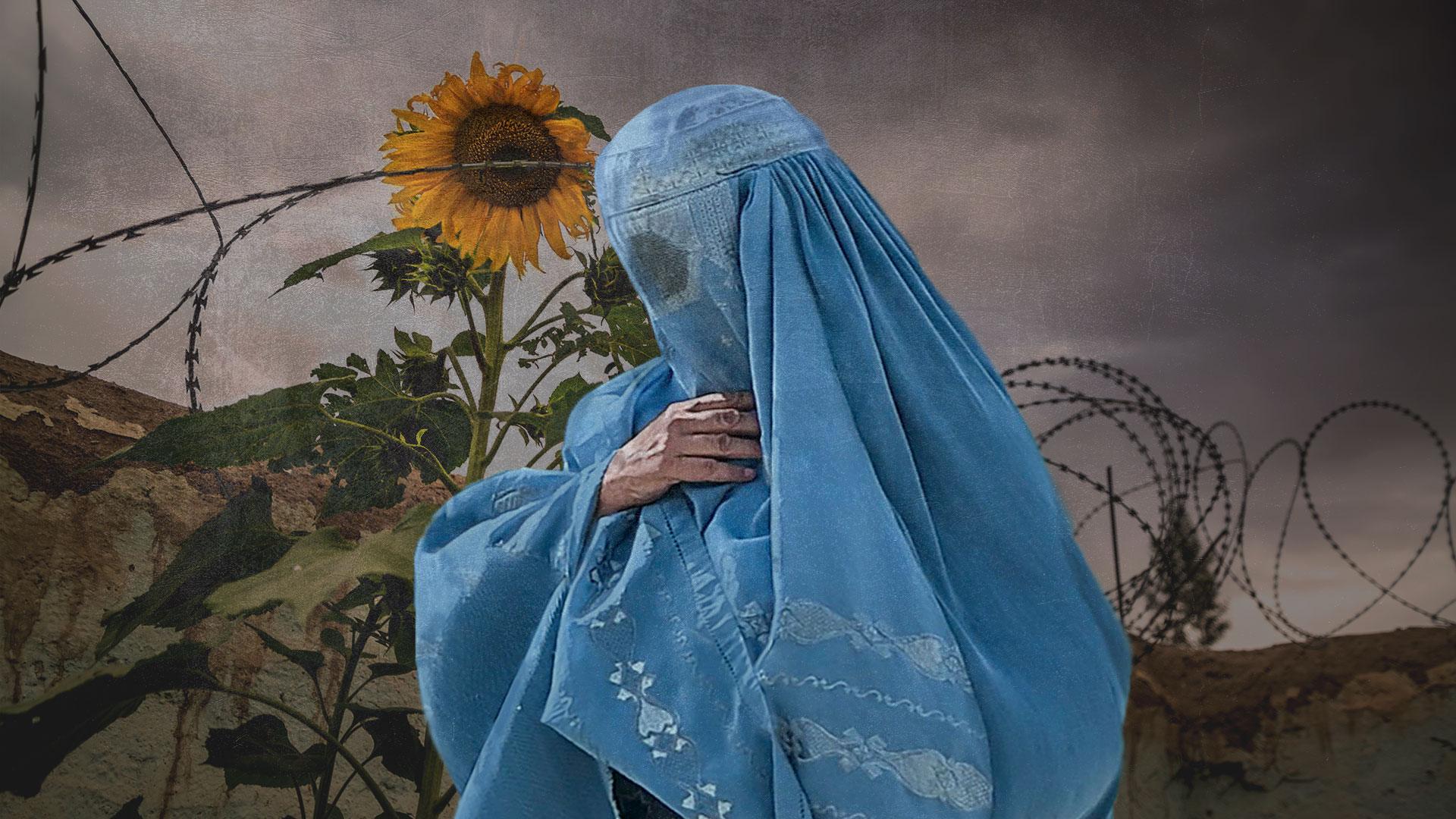 Pregnant Afghan woman. Photo collage illustration from photographs courtesy Getty Images