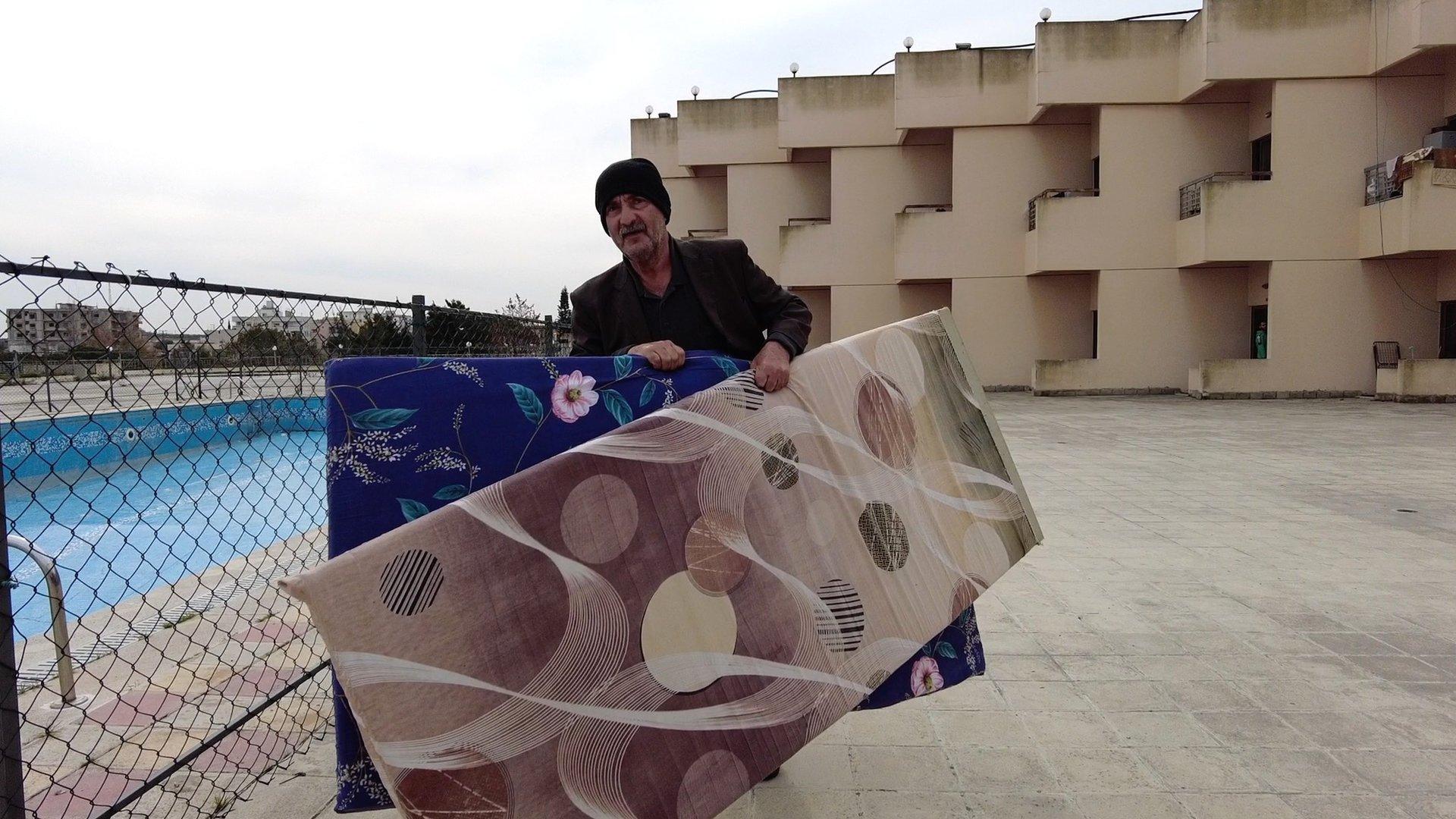 A displaced man at the Hotel Montana in Marwaniyeh, Lebanon