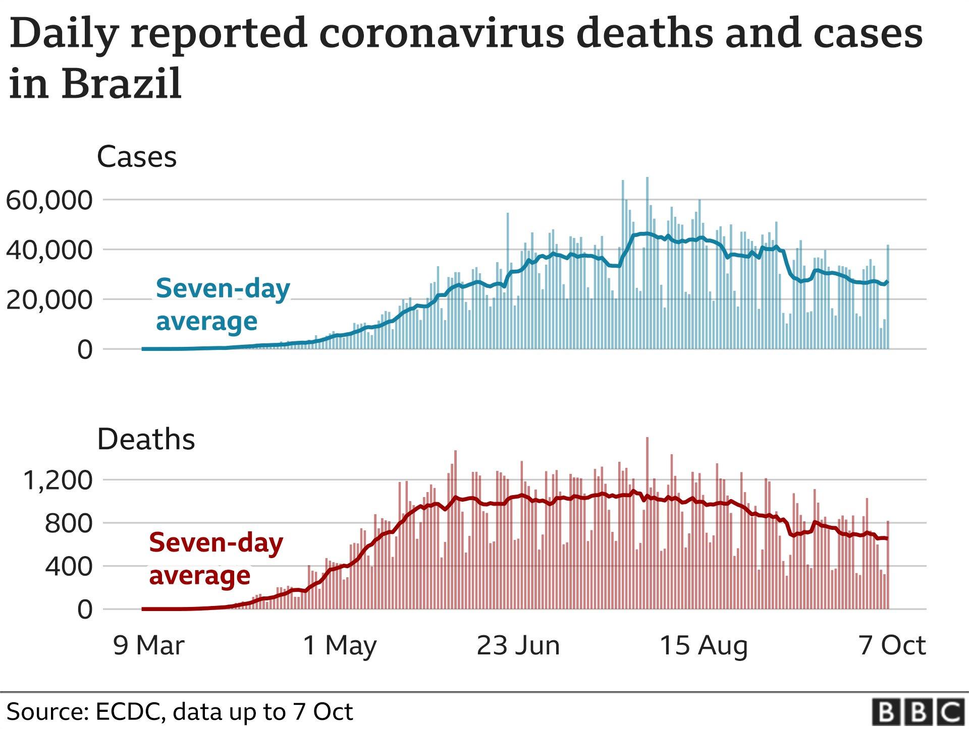 Chart showing daily confirmed cases and deaths in Brazil