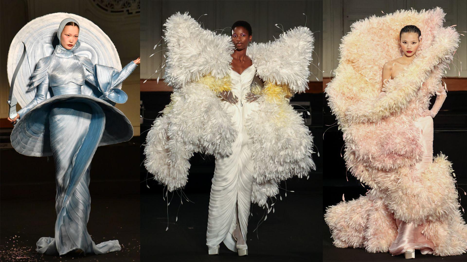 models wearing big feathery dresses