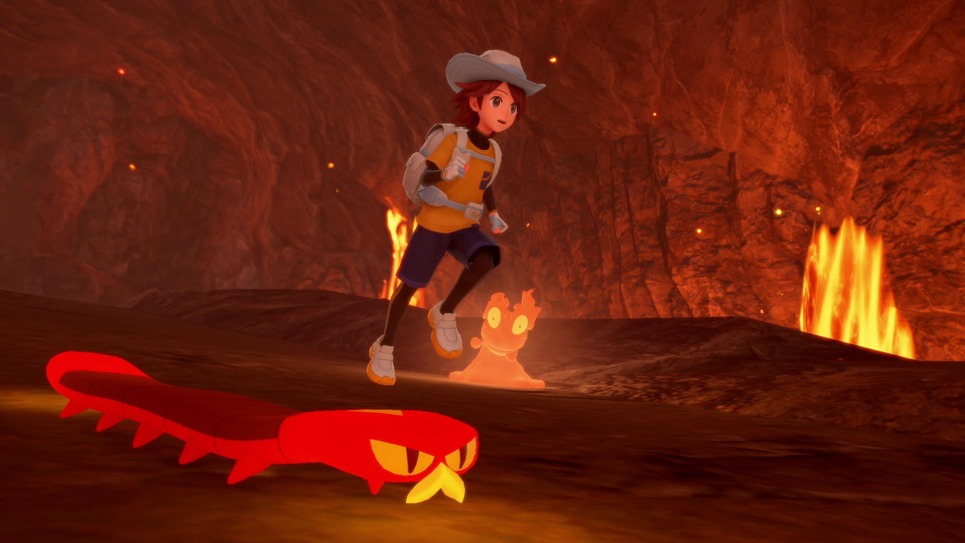 Illustration from the game, showing a player exploring a lava-filled cave
