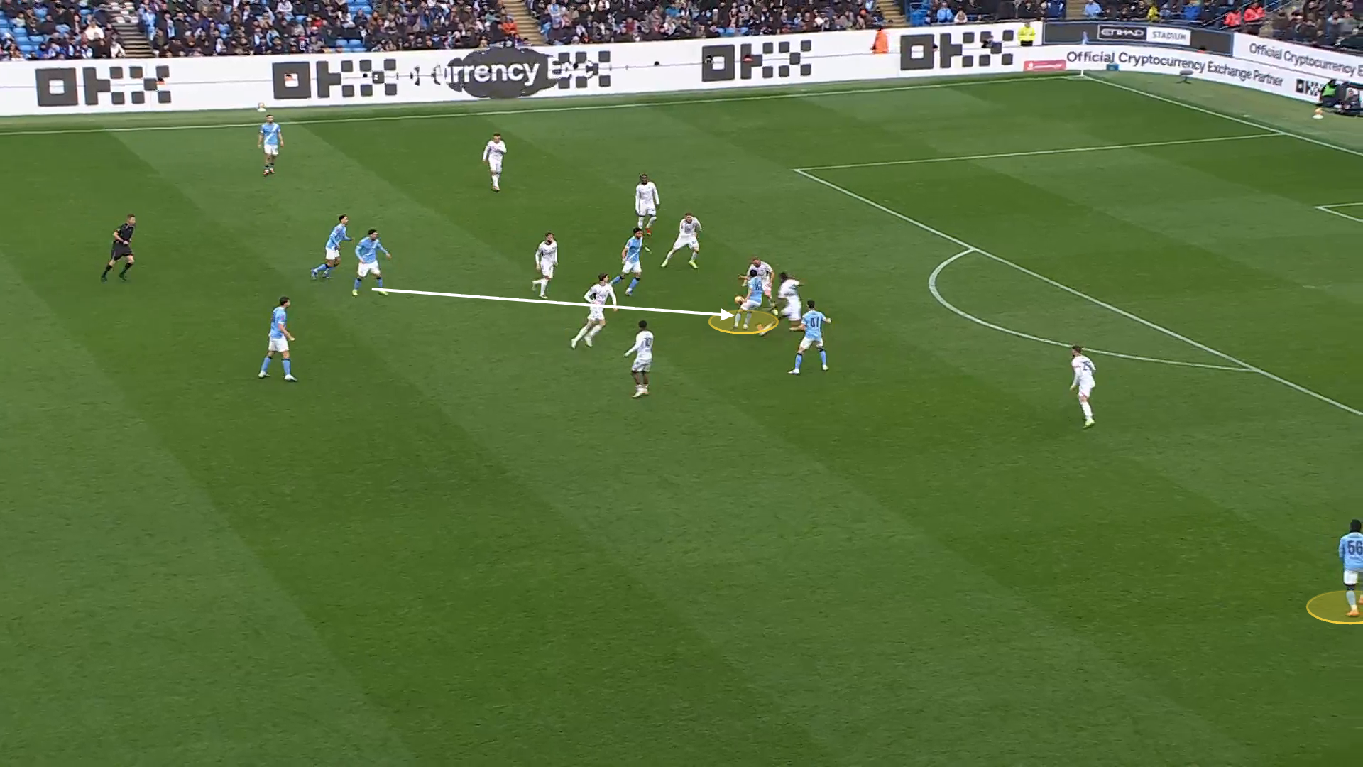 Screengrab from City vs Salford showing the space McAidoo was in on the right wing.