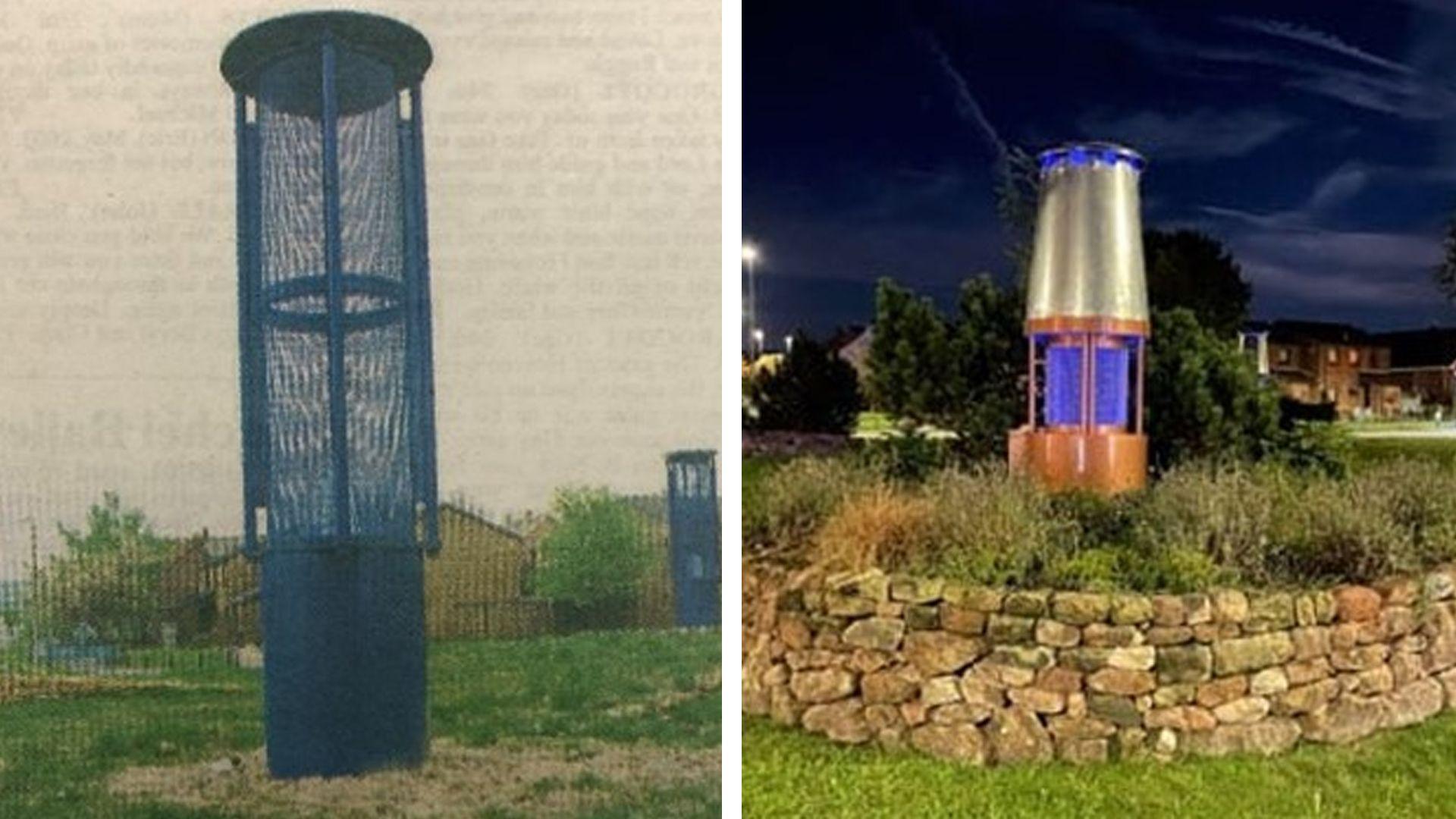 A composite image of the old and new sculptures, on the left, a tall black mesh structure with solid metal base and top; on the right, the new lantern with sloped silver top, copper-coloured base and blue light being emitted. 