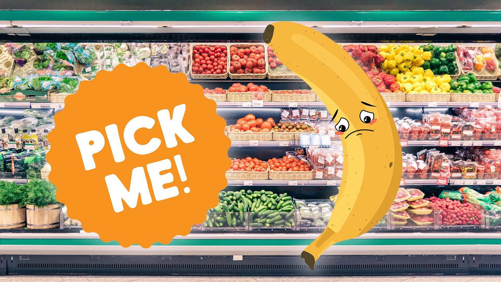 An illustration of a sad banana sits in front of a supermarket shelf filled with fruit and vegetables. There is also a sign saying 'pick me'