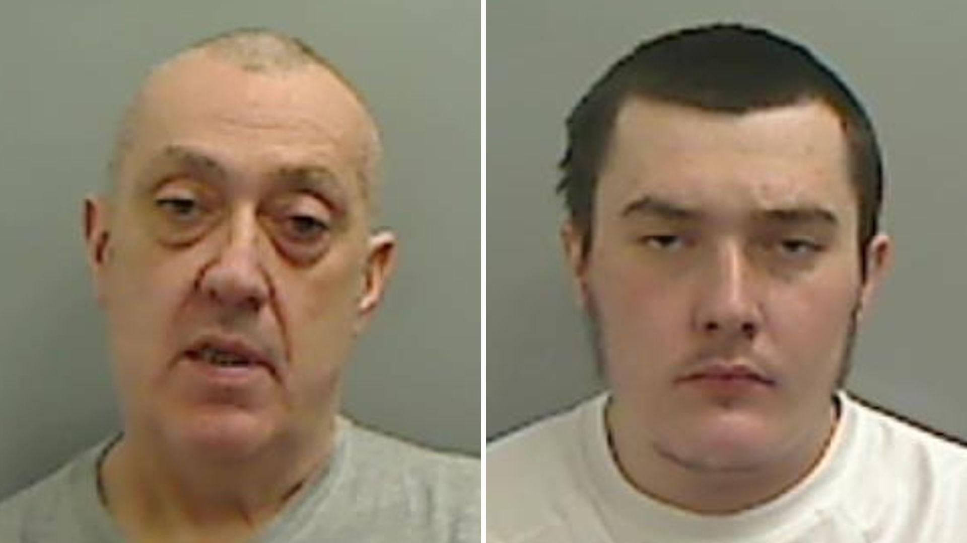 Two mugshots, one of a older looking man with very short grey hair, the other of a younger man with dark hair and a very faint moustache