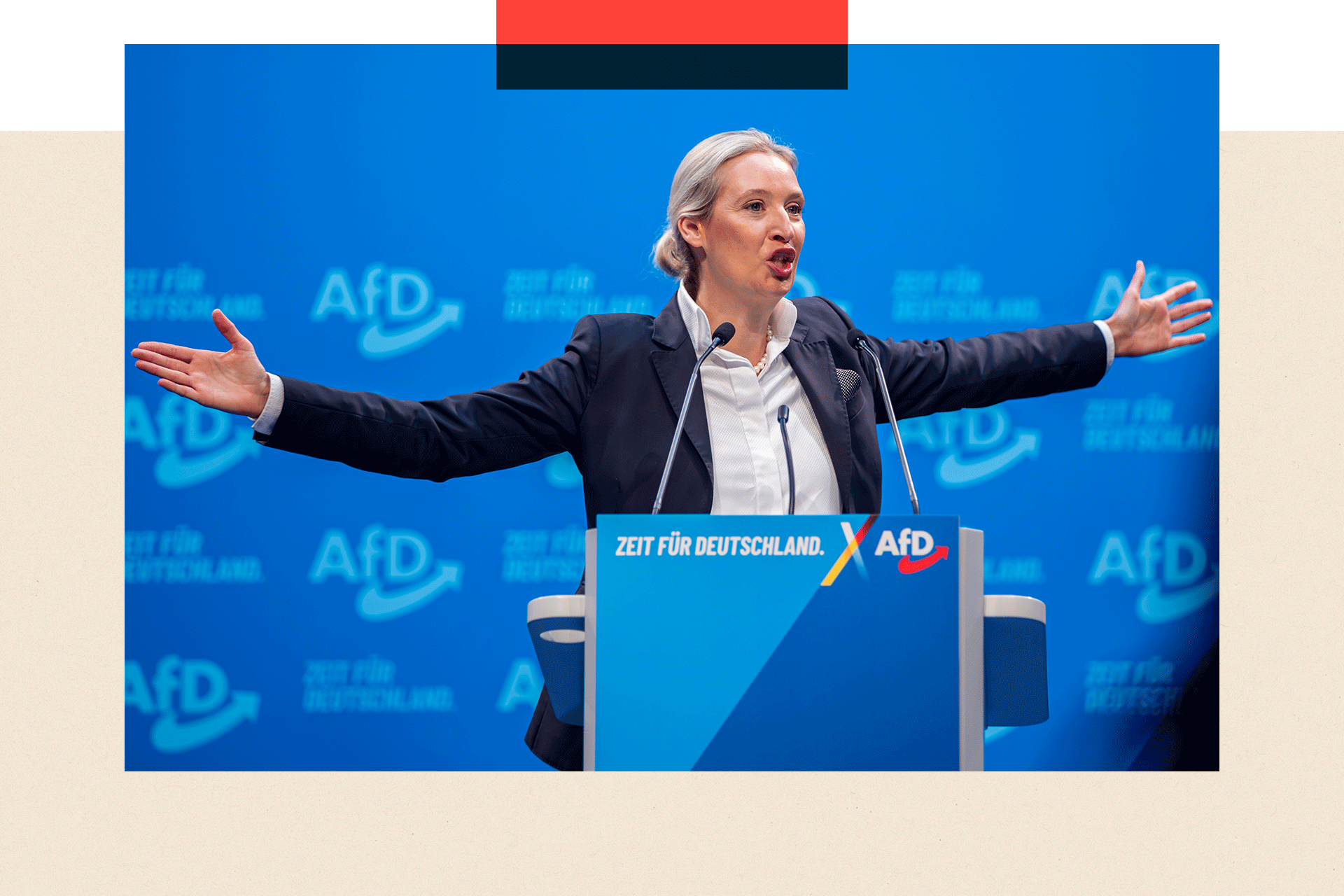 Alice Weidel giving a speech with her arms stretched to both sides