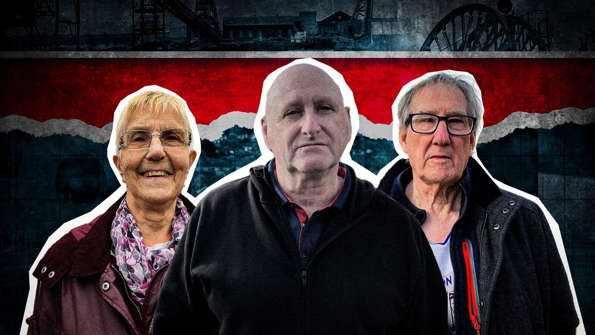 Cut out images of a woman wearing glasses and a dark coat and two men, one bald with a dark jacket and the other with grey hair, glasses and a grey coat, looking at the camera. The images are laid on top of a blue background featuring images on mining equipment