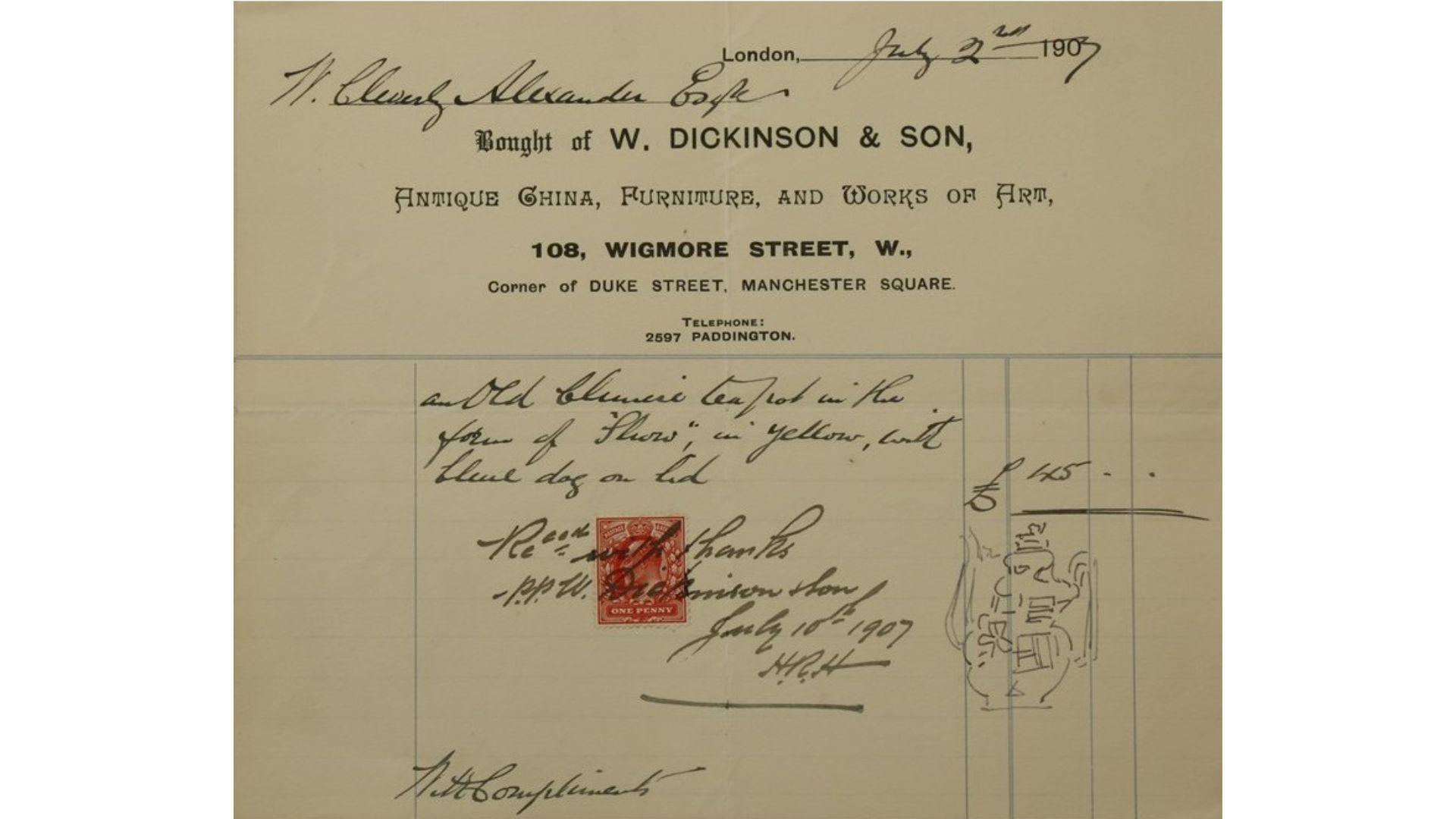 A receipt showing the sale of the wine pitcher in 1907 for £45.